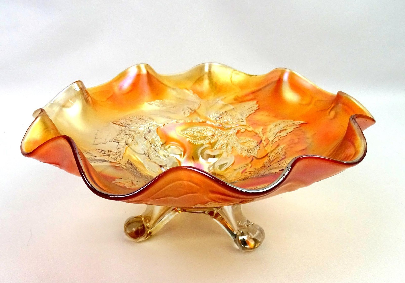 Dugan Marigold Carnival Glass Cherries Three Footed Antique 8 1/2