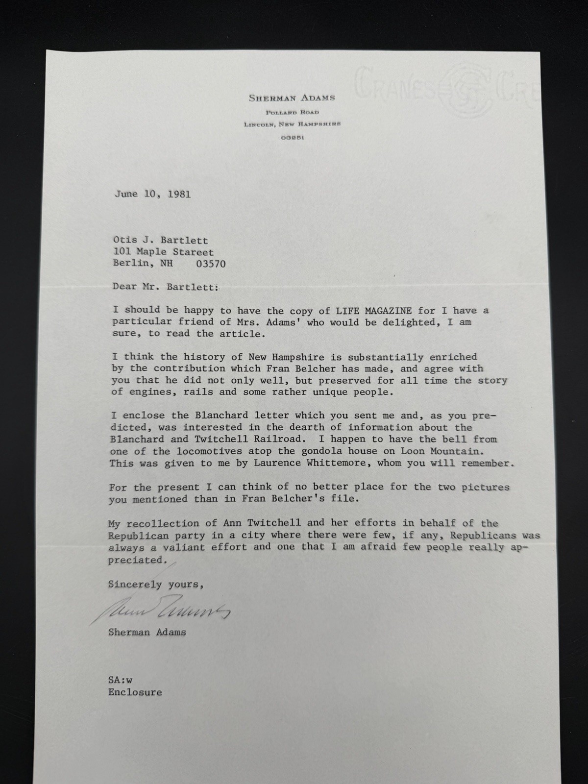 Sherman Adams (Eisenhower Chief of Staff) 1981 SIGNED Letter NH Governor Paper