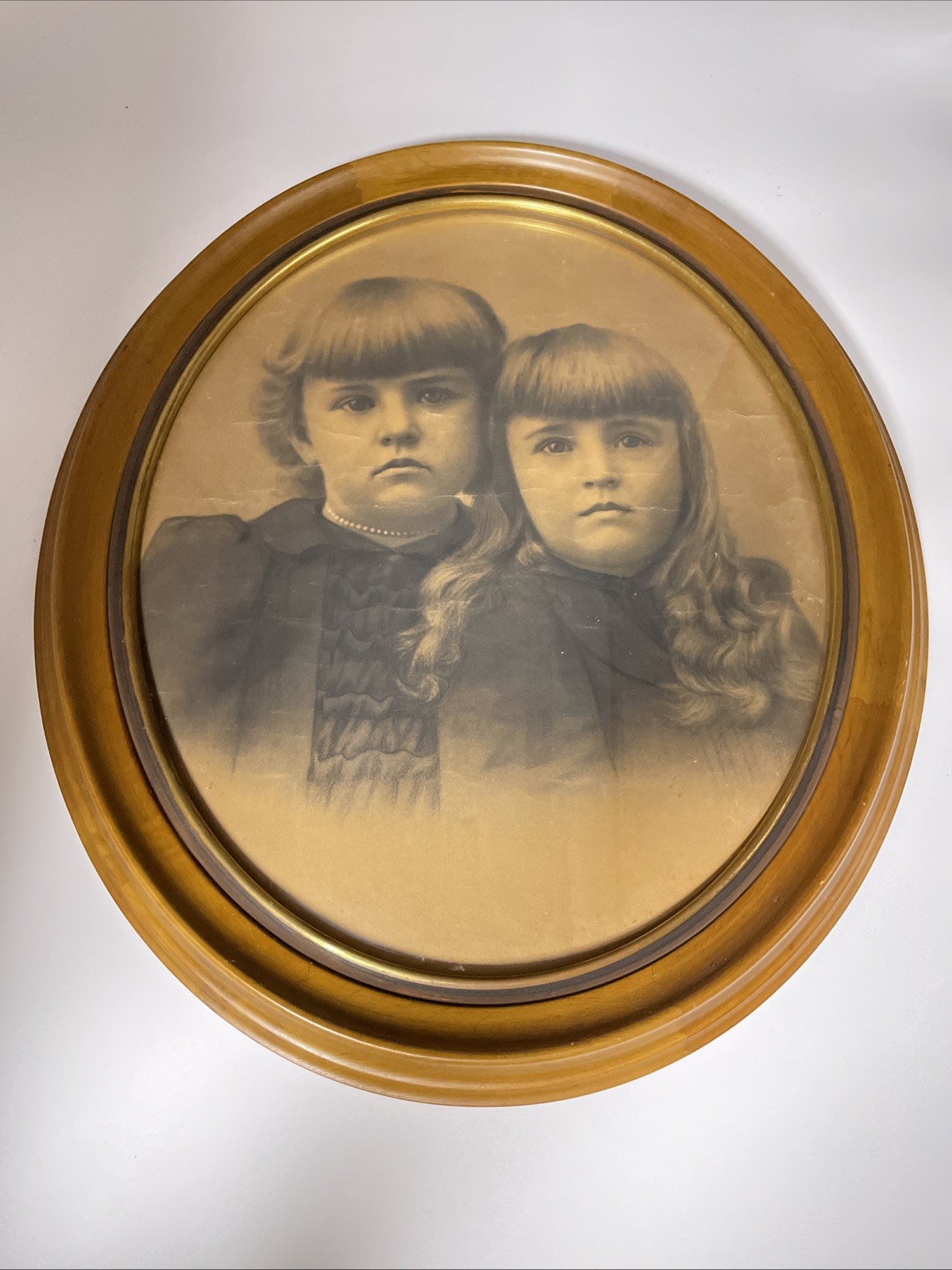 Vintage Bubble Glass Wood Frame Picture Oval American Two Young Sisters 20.5 H Vintage Bubble Glass Wood Frame Picture Oval American Two Young Sisters 20.5 H