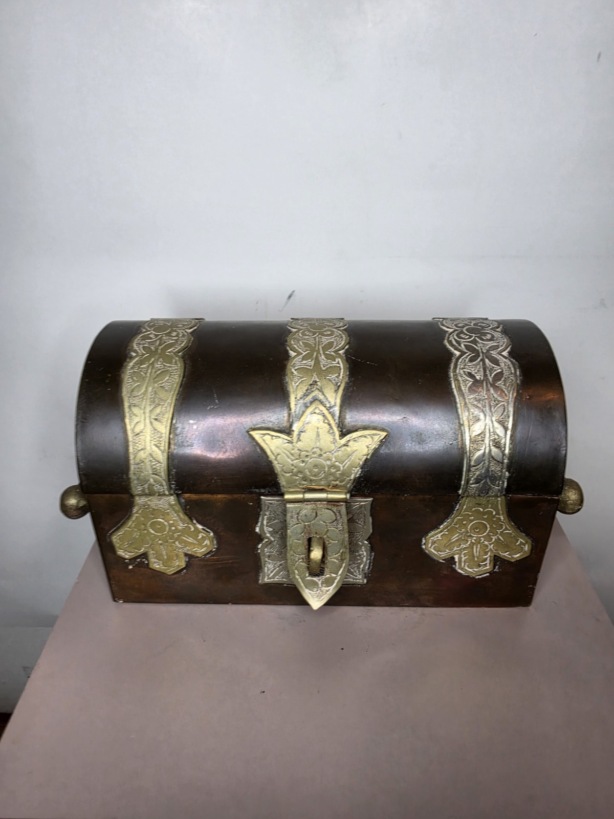 Antique Victorian Mixed Metal Copper & Brass Domed Keepsake Box / Treasure Chest