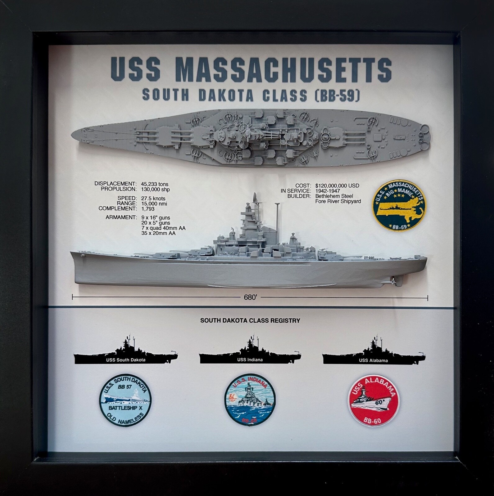 USS Massachusetts Display Box, BB-59, South Dakota Class, WW2, 9