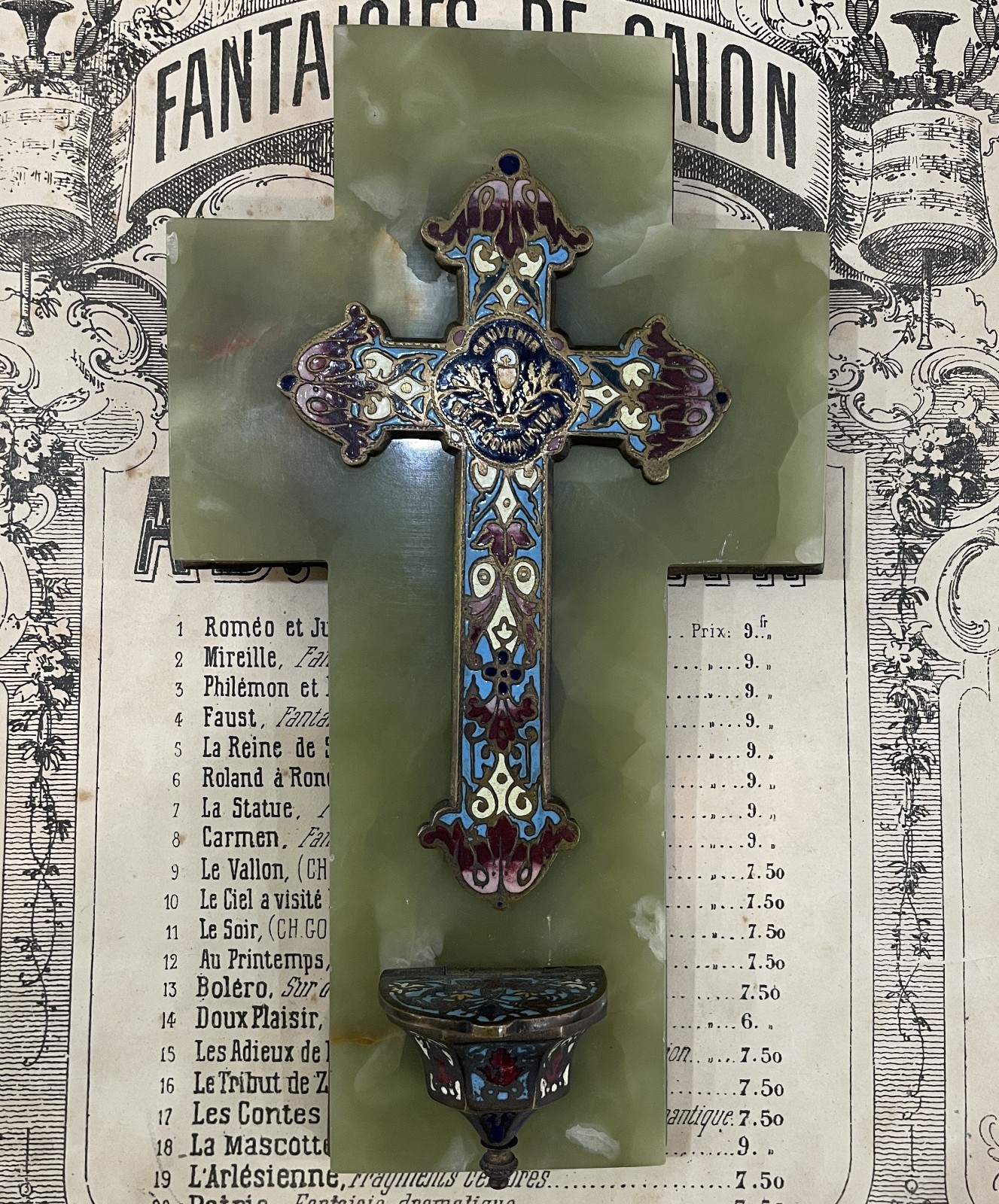Antique French Champleve Enamel Onyx Holy Water Font Cross Crucifix c1880