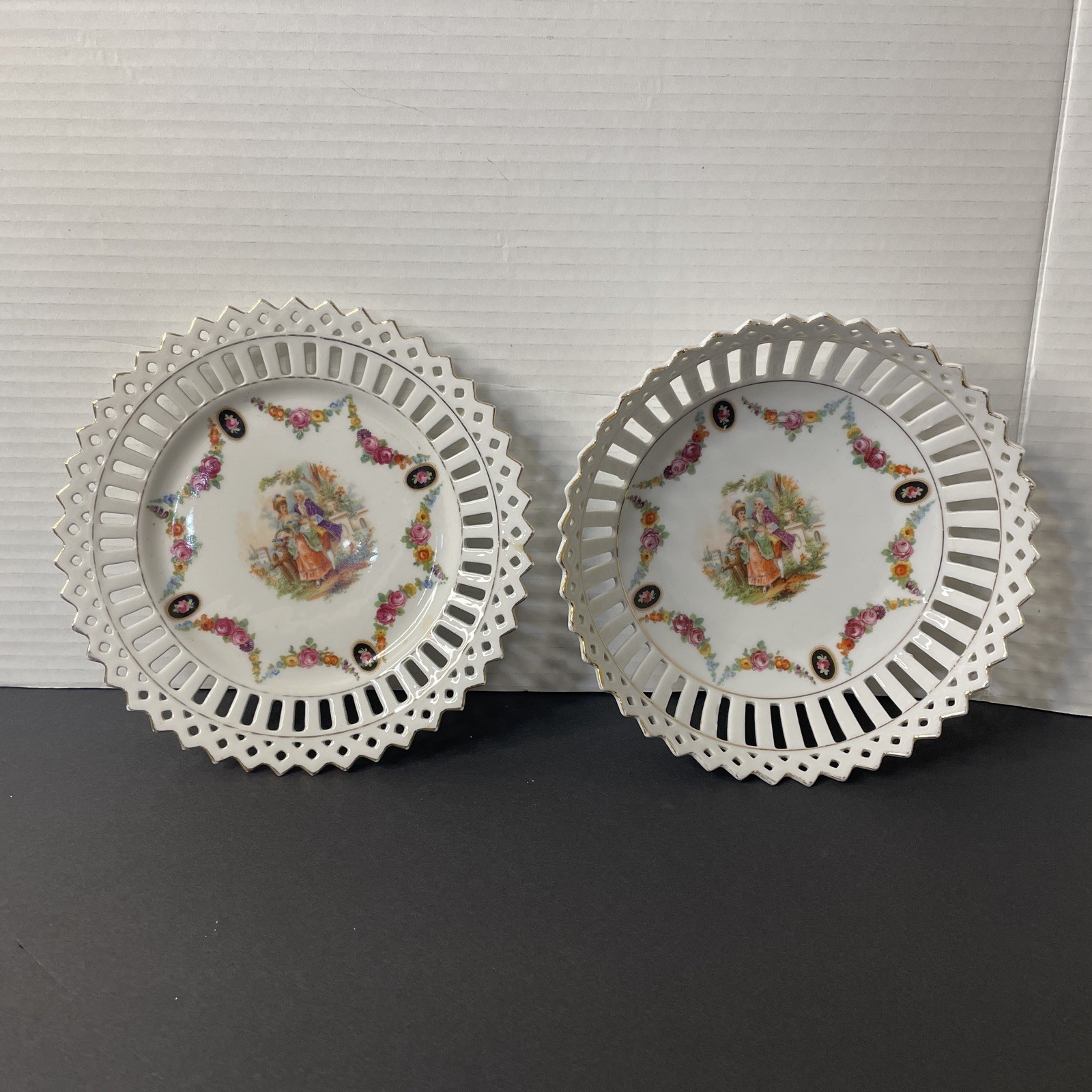 Vintage German reticulated porcelain plate & bowl handmade painted Gold Trim 