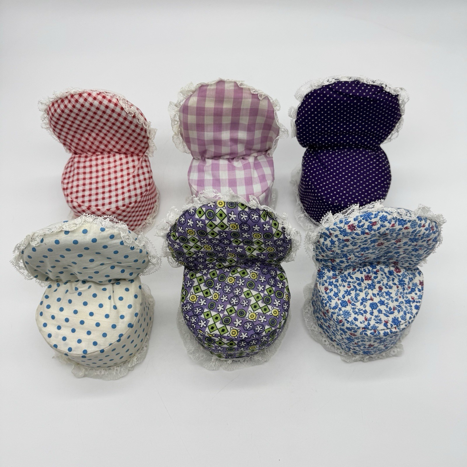 Lot 6 Vtg Fabric Chair Pin Cushion Doll House Handmade Gingham Polka Dot Flower