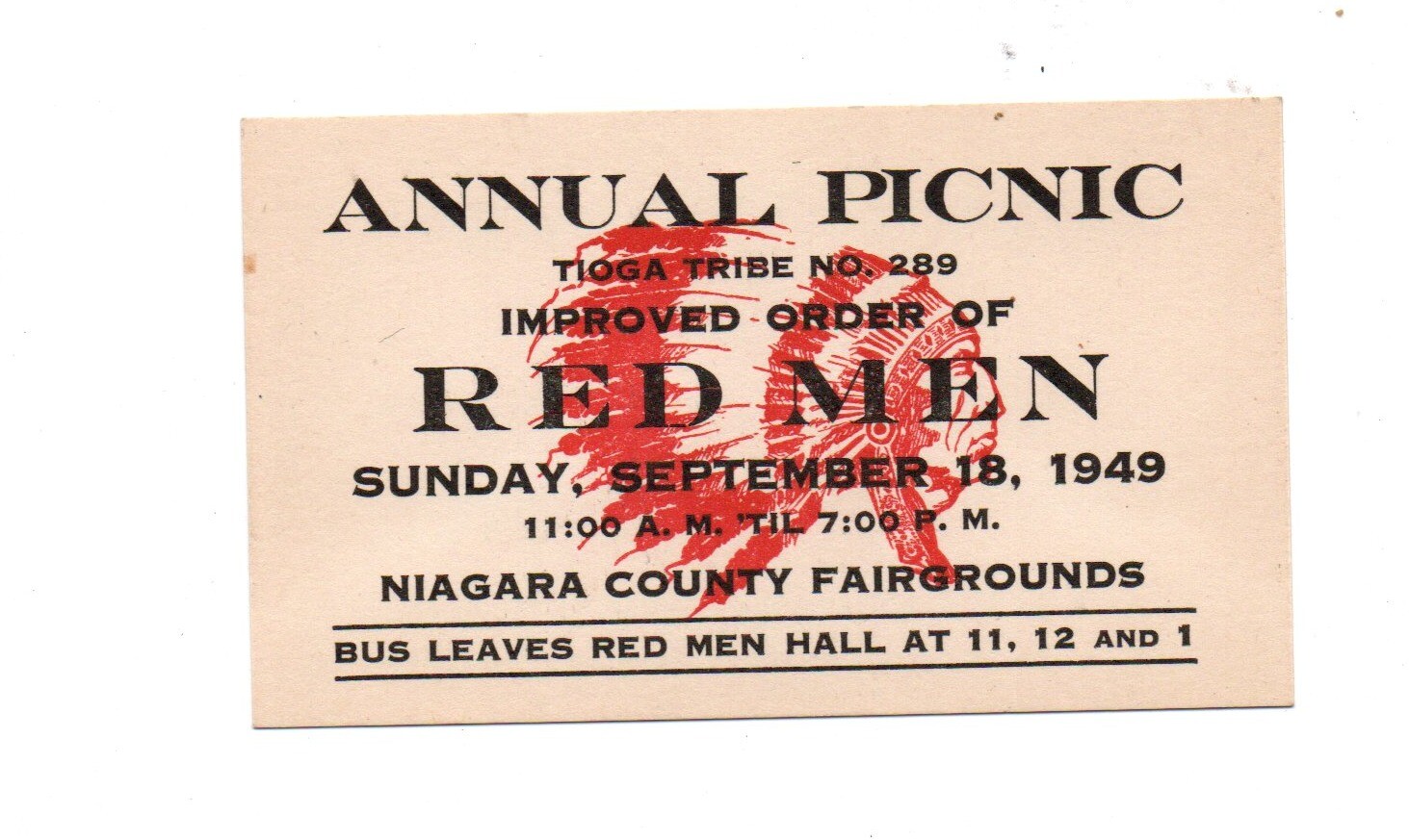 Picnic Ticket RED MEN Niagara County Fairgrounds / Tioga Tribe 1949
