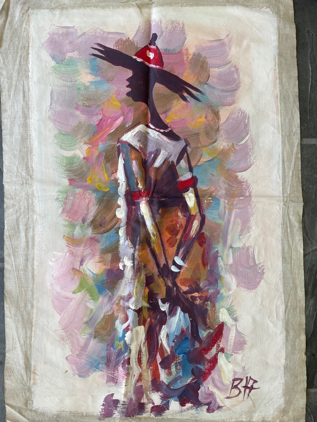 Vtg Mid Century African Woman Oil Painting Original Abstract Figurative Colorful