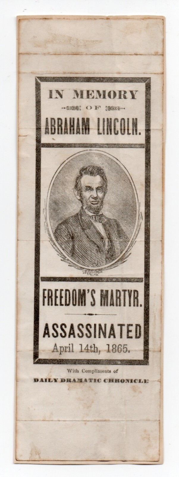 1865 Abraham Lincoln Assassination Bookmark \