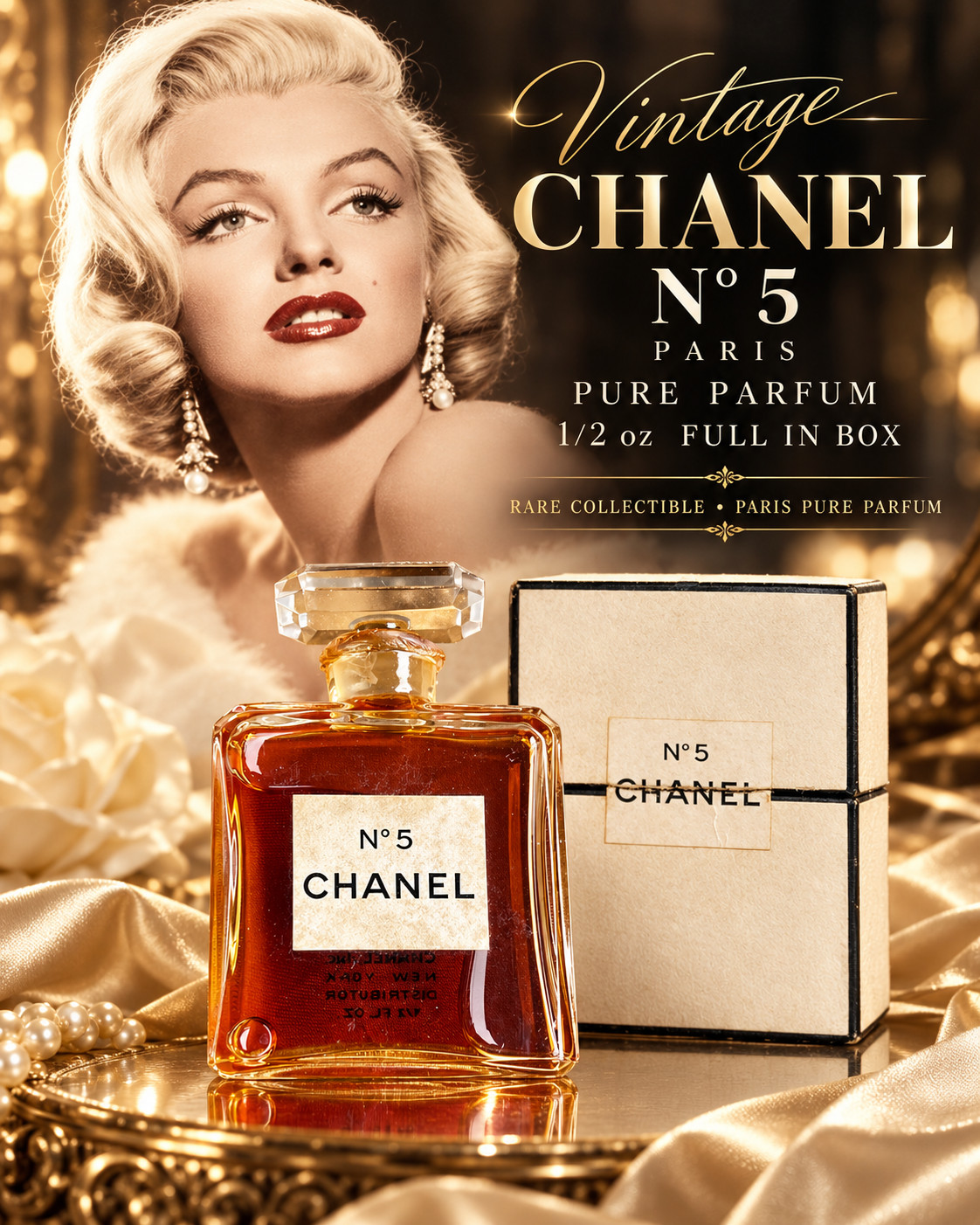 Rare Vintage CHANEL No.5 Paris Pure Parfum 1/2 oz – Full Bottle in Original Box