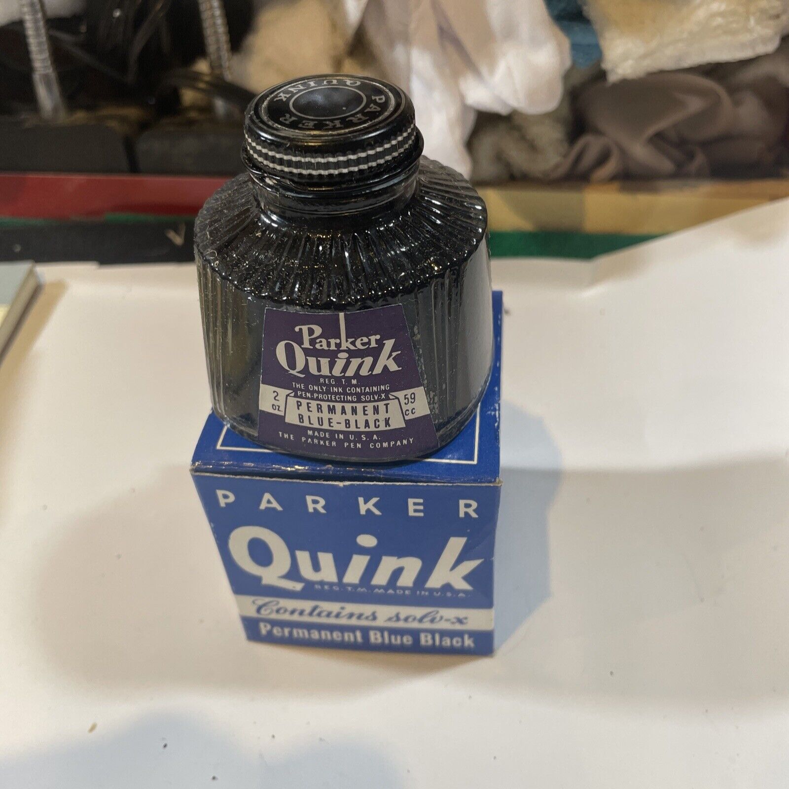 NOS-Parker Quink permanent Blue  Black Fountain Pen Ink 2oz(60ml)w/solv-x Vintge