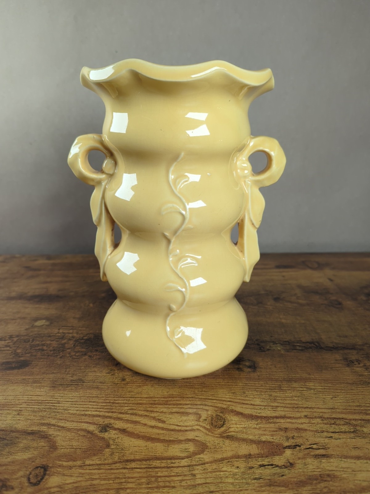 Vintage 1950s McCoy Pottery Yellow Vine Double Handle Vase 9.5 Inch USA