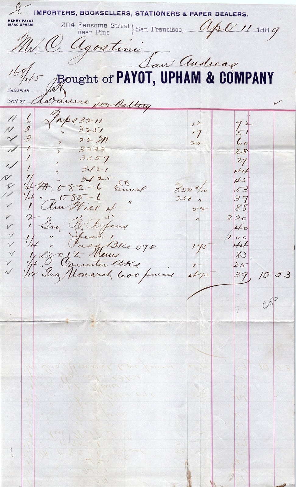1889 San Francisco Payot, Upham & Co. stationer billhead