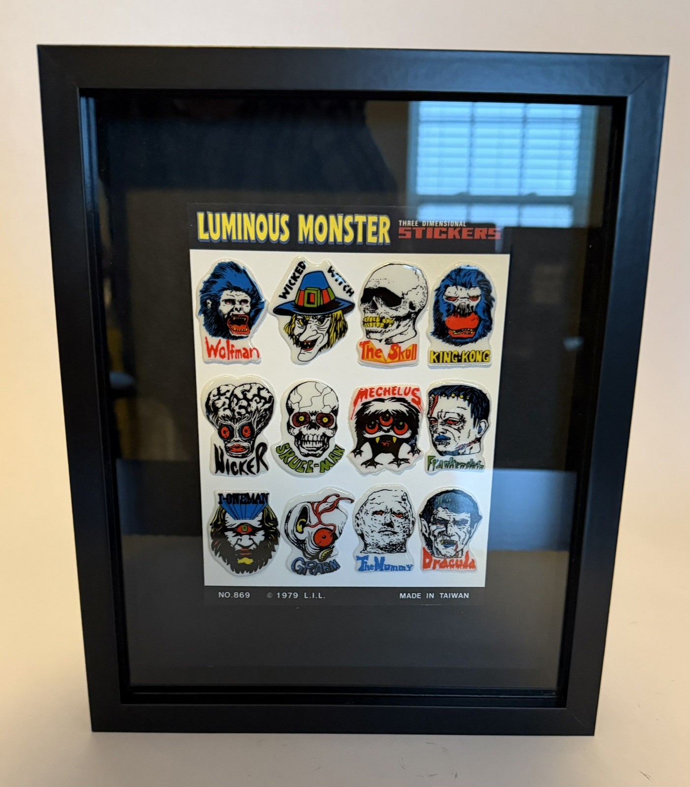 1970's FRAMED GLOWING MONSTER PUFFY STICKERS ON CARD 