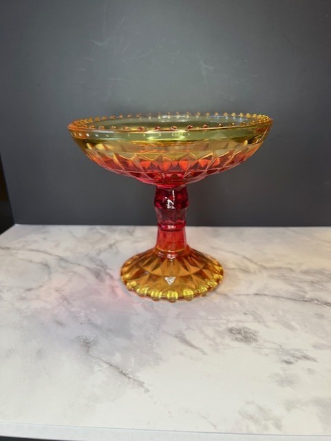 Vintage Amberina Glass Pedestal Compote Bowl – Diamond Cut Candy Dish