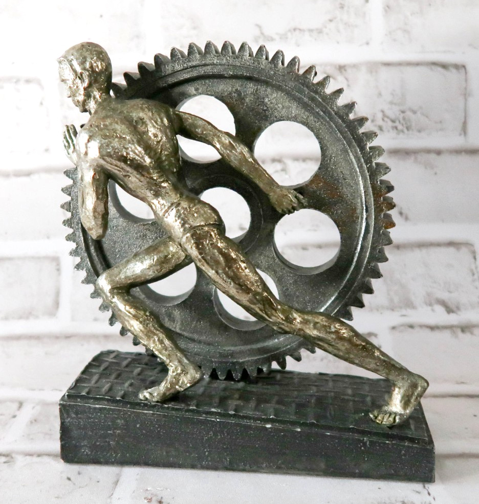 Vintage Industrial Steampunk Man Pushing Gear Wheel Statue Figurine Decor 8