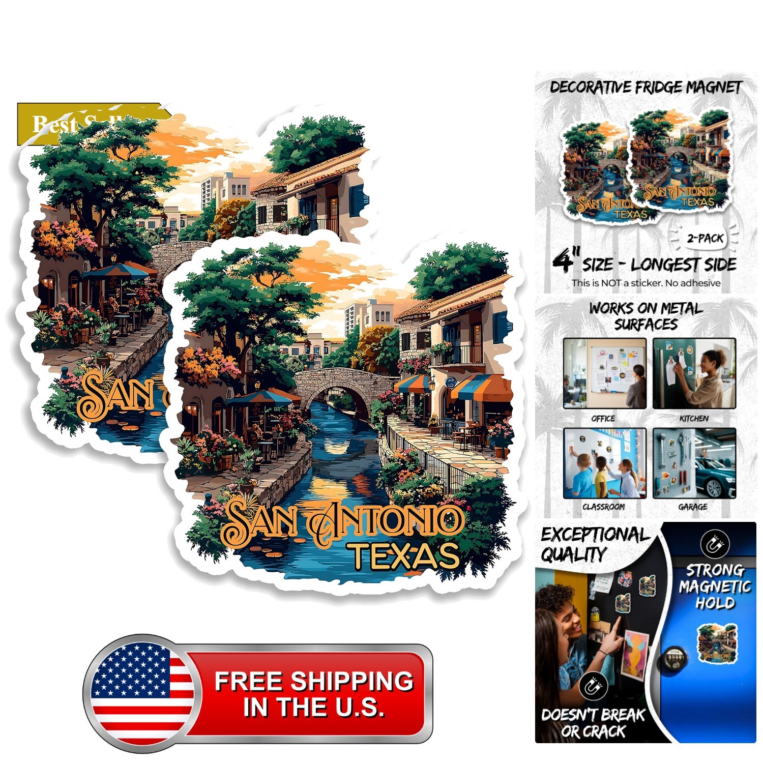 San Antonio Texas Fridge Magnet 4 Inch 2-Pack Vinyl