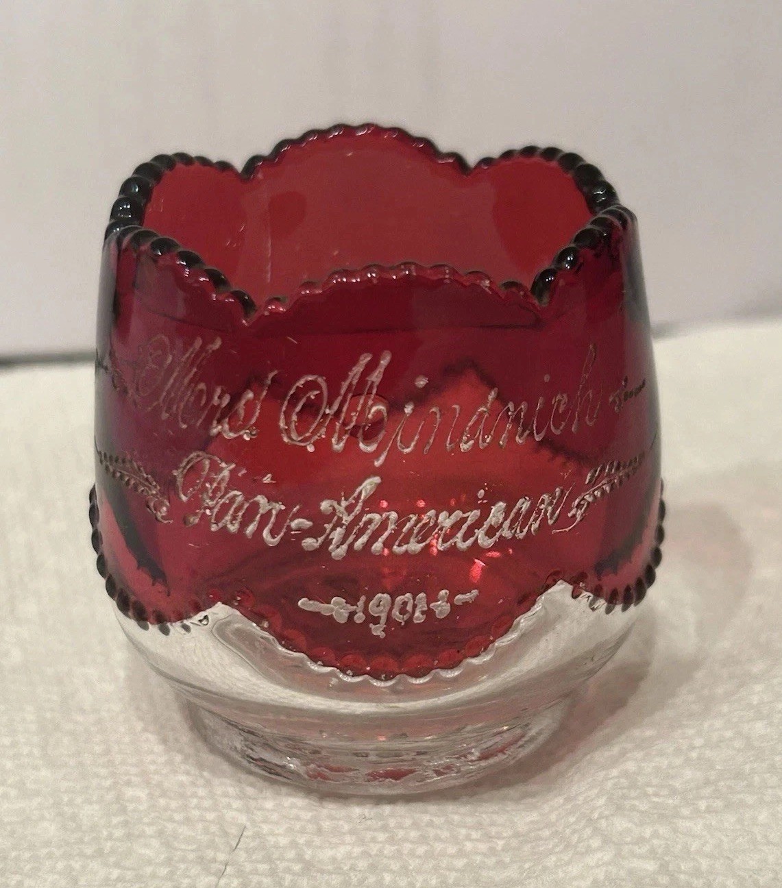 Antique 1901 Pan-American Exposition Ruby Stained Etched  Toothpick Glass Holder
