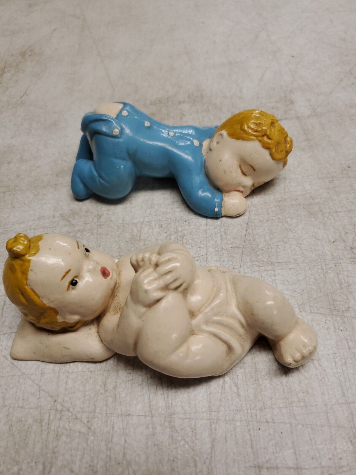 Pair VNT 40s 50s Chalkware Baby Infant Figurines Sleeping But Flap Thumb Sucking