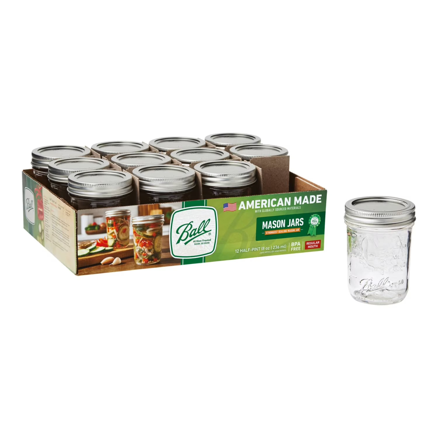 Ball Glass Mason Jar w/ Lid & Band, Regular Mouth, 8 Ounces, 12 Count Ball Glass Mason Jar w/ Lid & Band, Regular Mouth, 8 Ounces, 12 Count