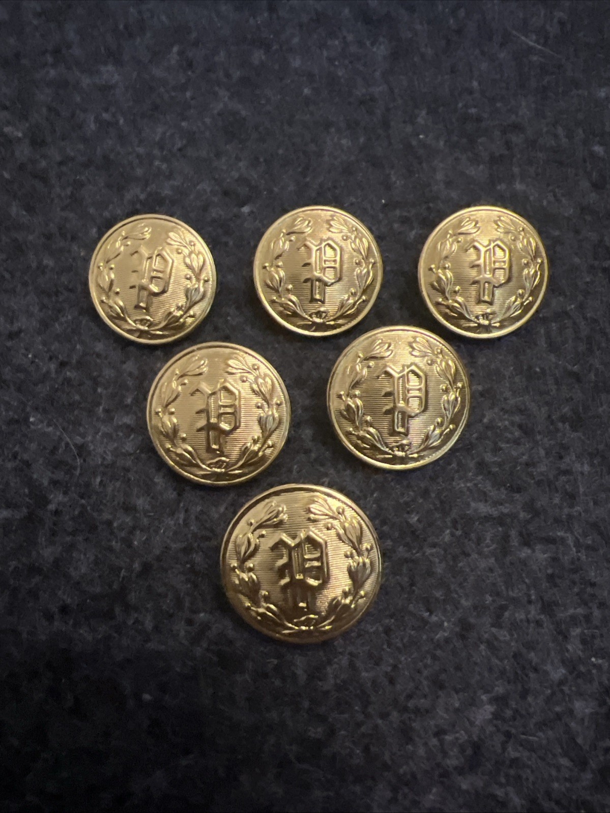Police Uniform Buttons  - Lot of 6 - Waterbury USA - Large 7/8” Gold “P” - NOS