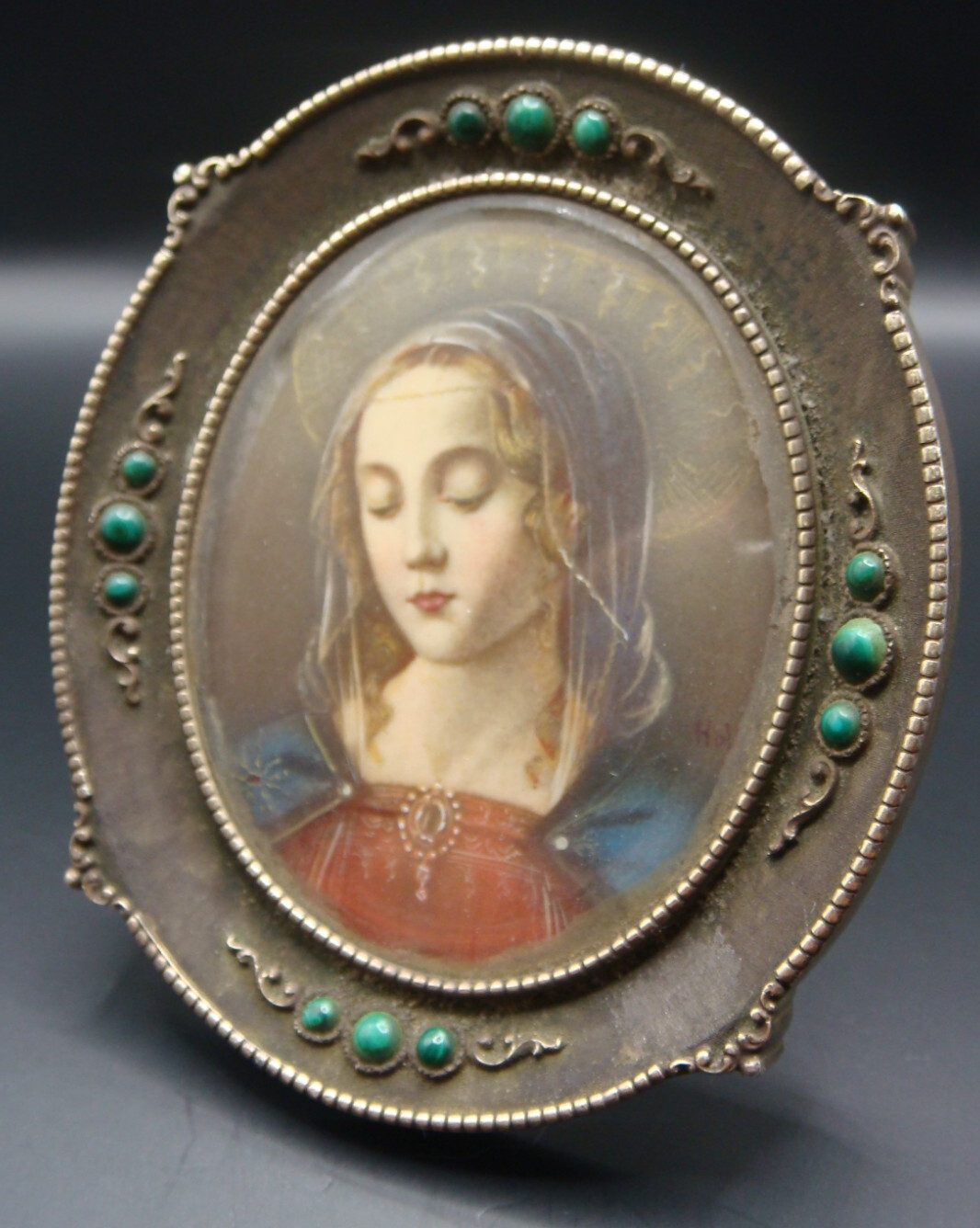 Top Rare Antique Virgin Mary Painting in Silver and Malachite Stone Frame Icon