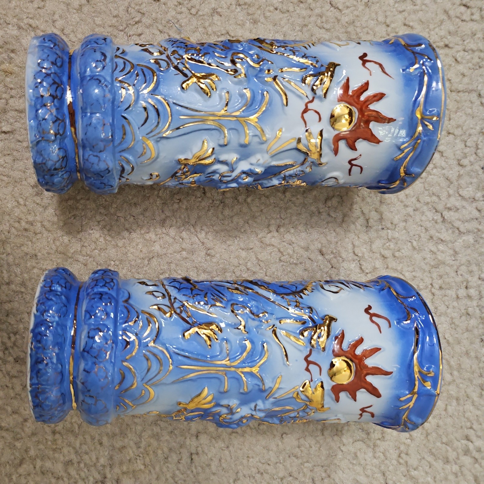 Vintage Japanese Moriage Dragon Ware Vases Pair, Blue & Gold, Hand Painted 8