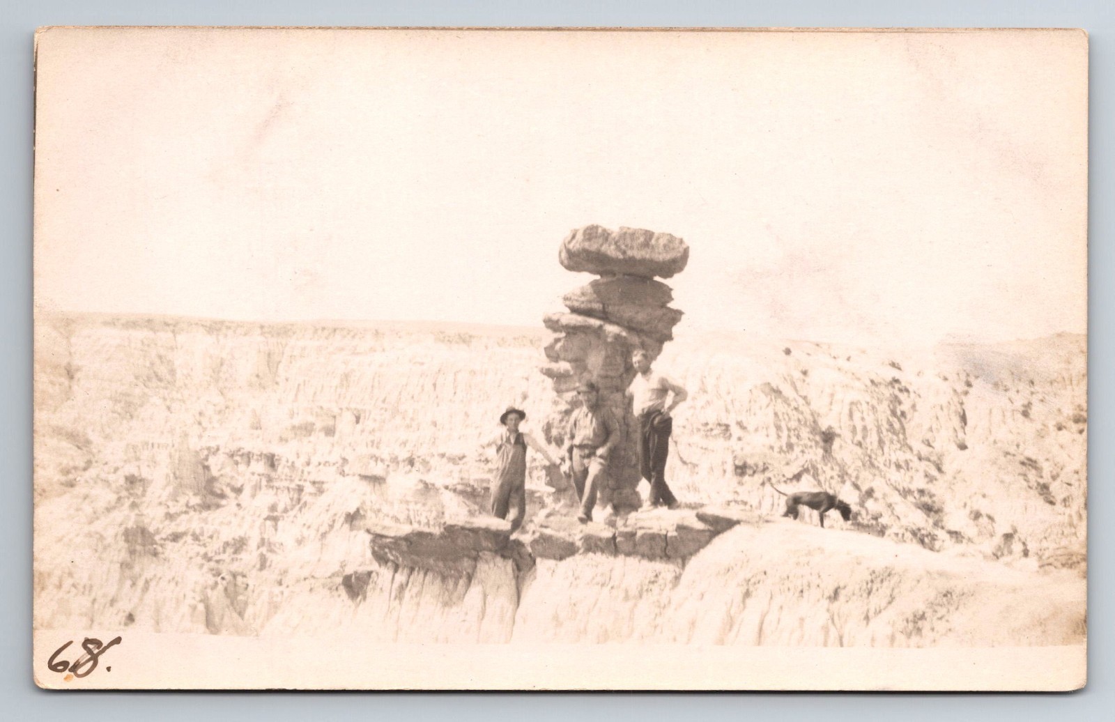 Men in Desert In Front of Stacked Rocks, Dog, Real Photo, RPPC, Vintage Postcard