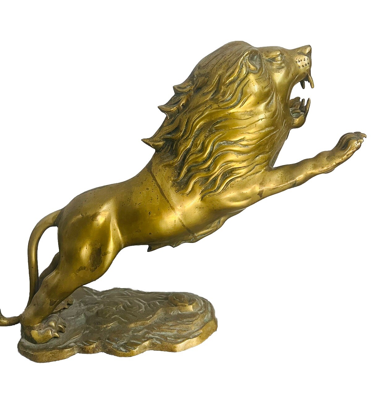VTG 25” x 18” Brass Charging Leaping Jumping Lion Statue Sculpture Bronze Tone