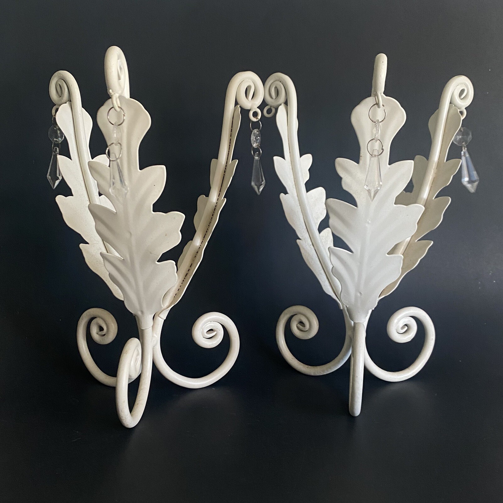 Vintage French Country 2 Cream Wrought Iron with Prisms Candle or Plant Holder