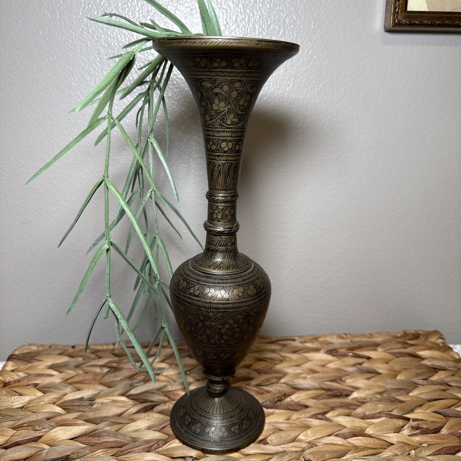 VTG Hand Etched Aged Brass Vase 10” Tall Engraved Indian Middle Eastern Decor
