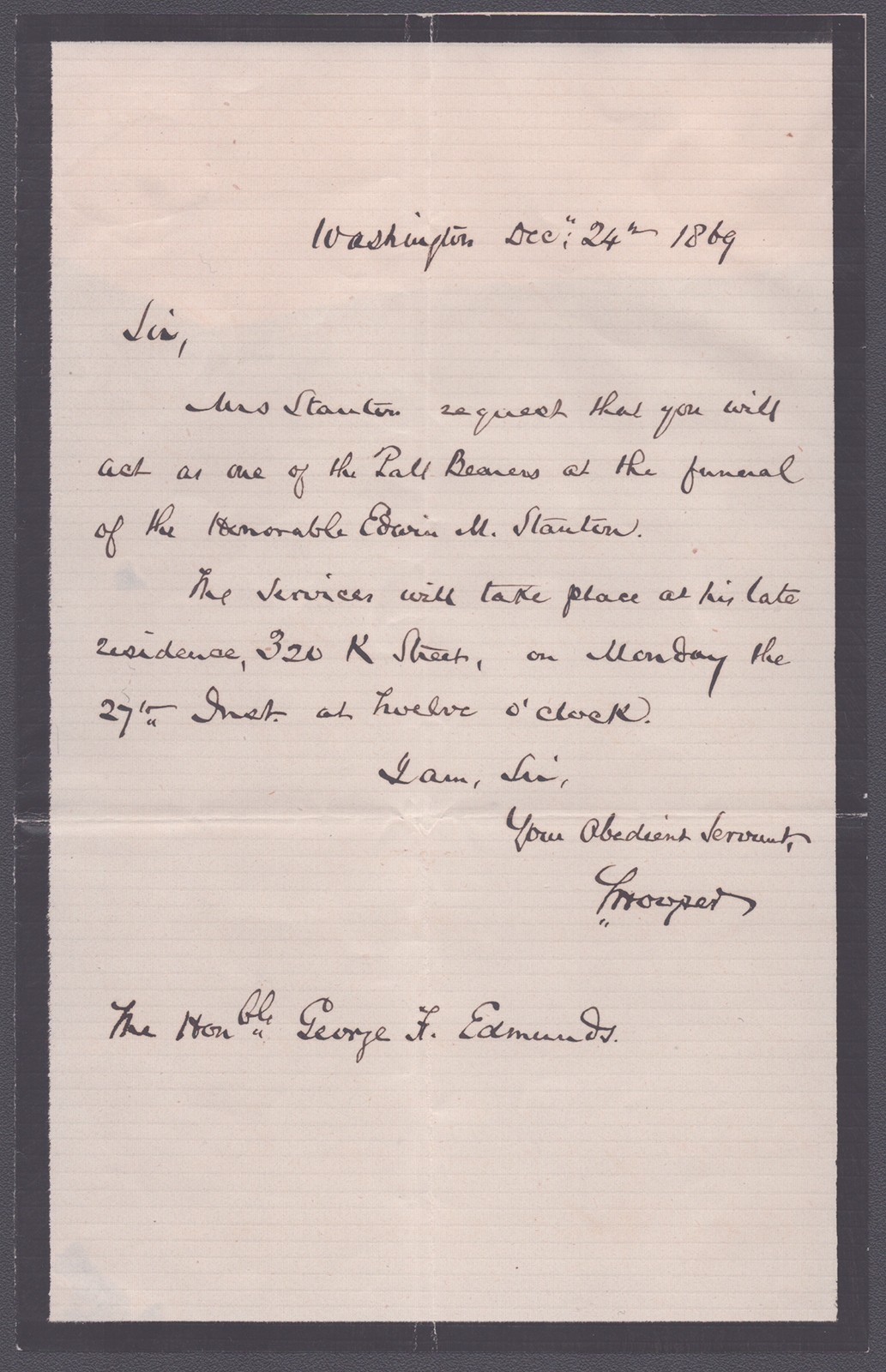 SAMUEL HOOPER - AUTOGRAPH NOTE SIGNED 12/24/1869