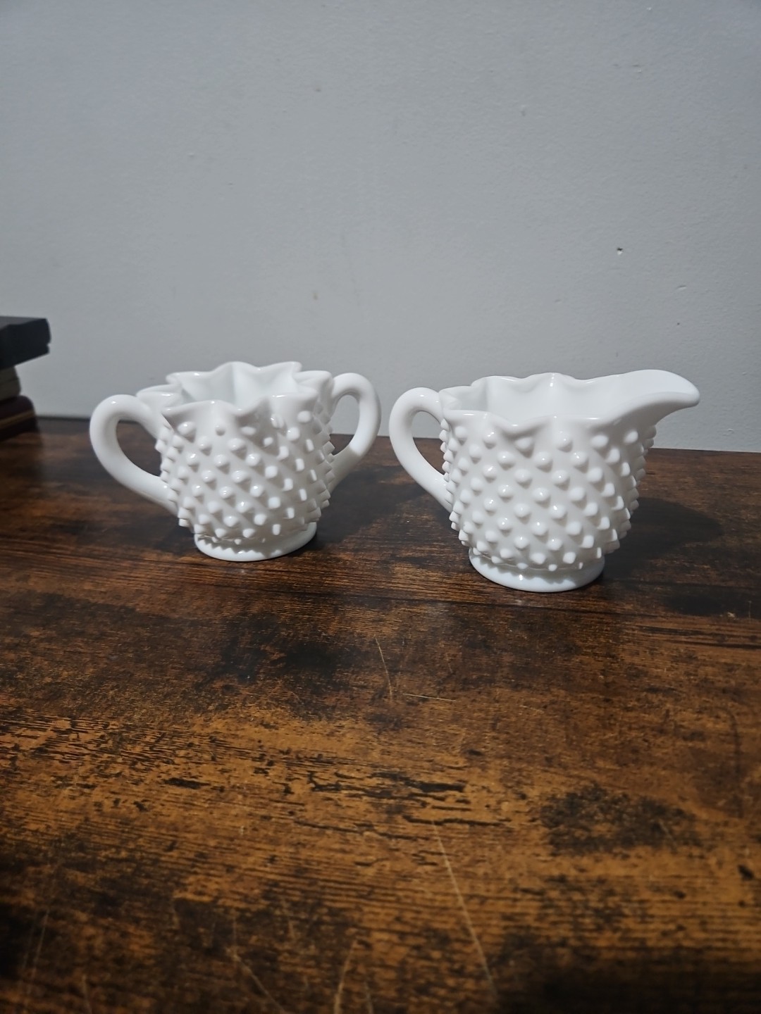 Fenton Milk Glass Hobnail Star Top Crimped Ruffled Sugar & Creamer Set Vintage