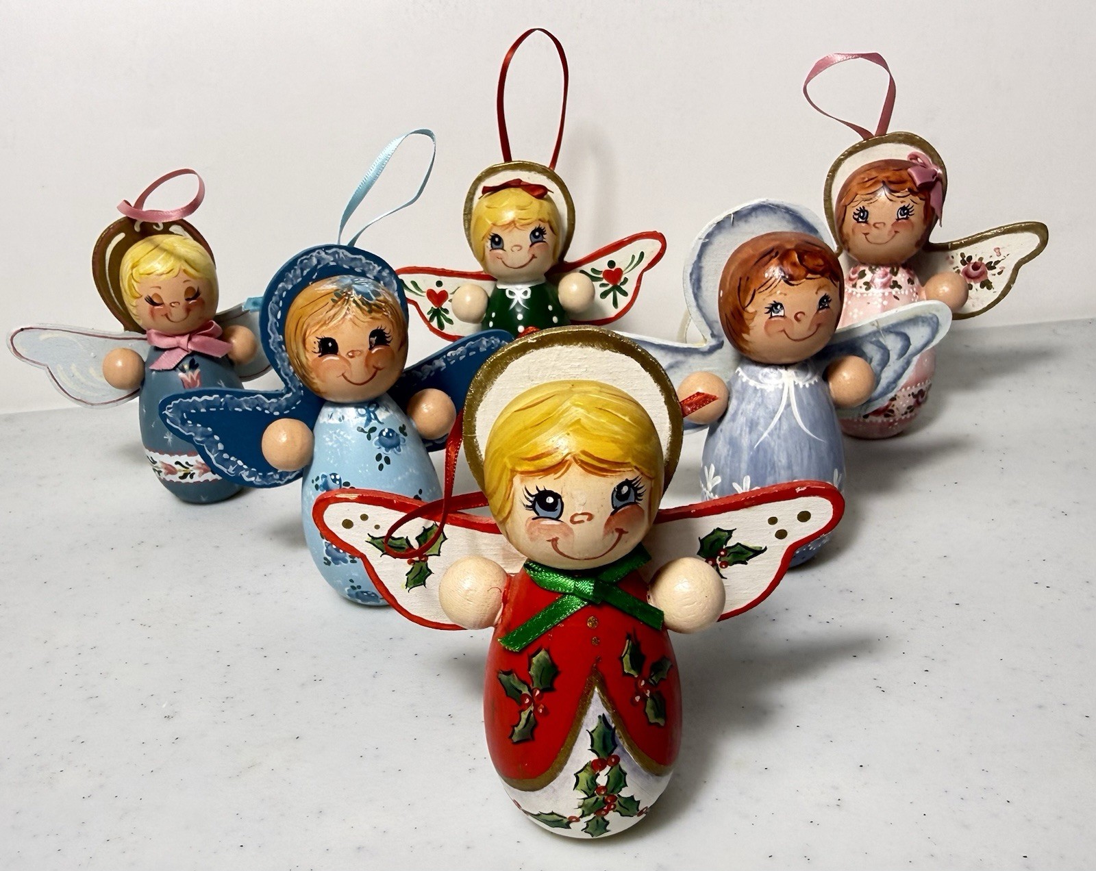 Vintage Hand Painted Wood Angel Ornaments Folk Art Signed By Artist Lot Of 6