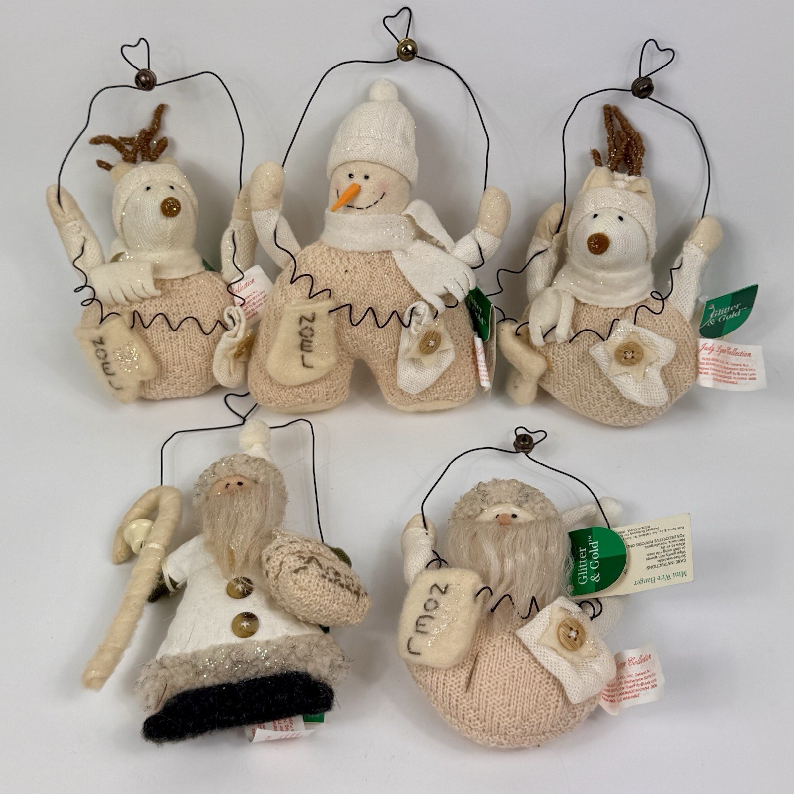 Russ Berrie Plush Ornament Lot 5 Christmas Wire hanging Glitter Gold VTG Santa