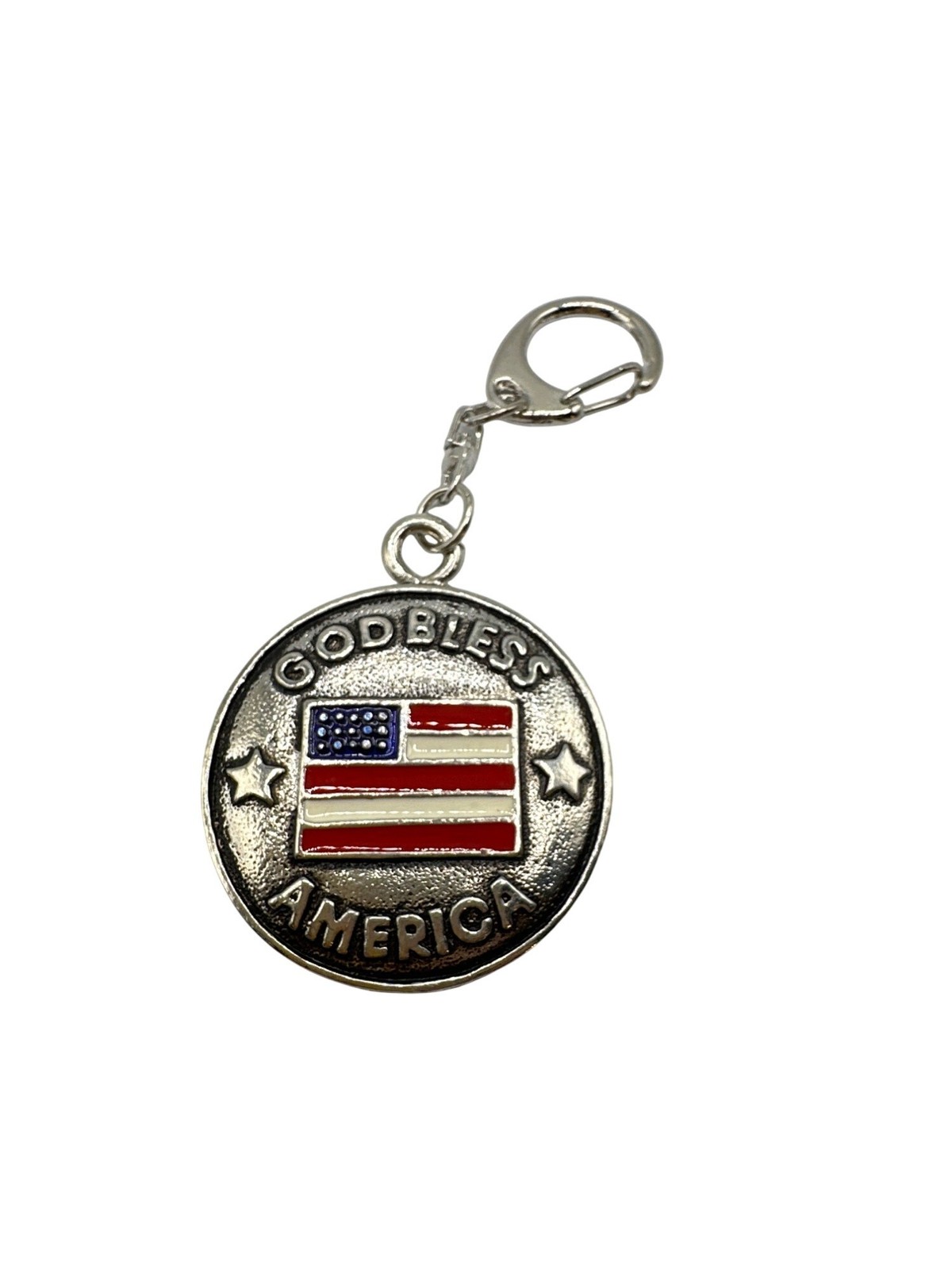God Bless America Keychain Enamel USA Flag Stars Silver Design Patriotic Vintage