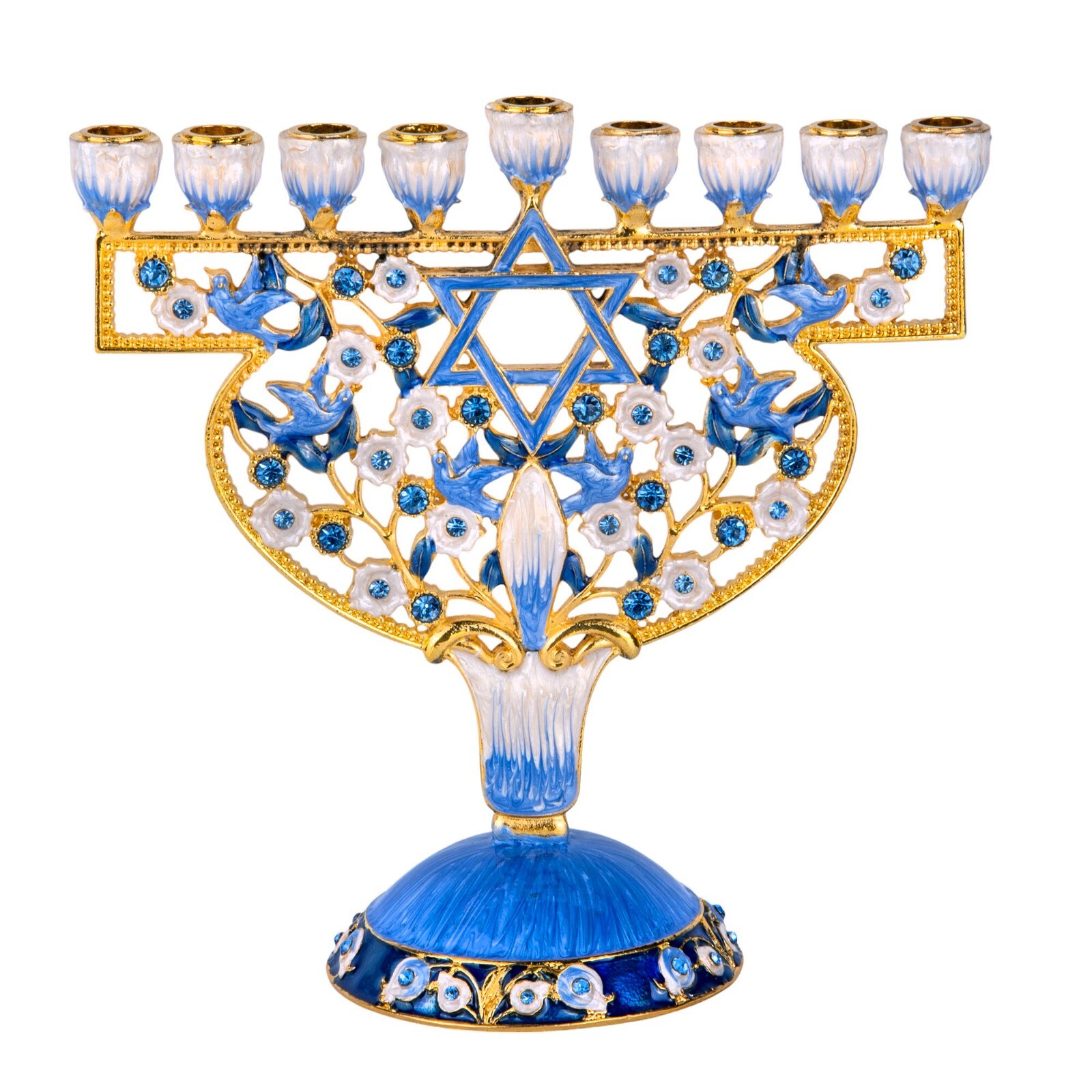 David Star Menorah Jeweled Blue & White Enamel Menorah Hanukkah Gift Chanukah