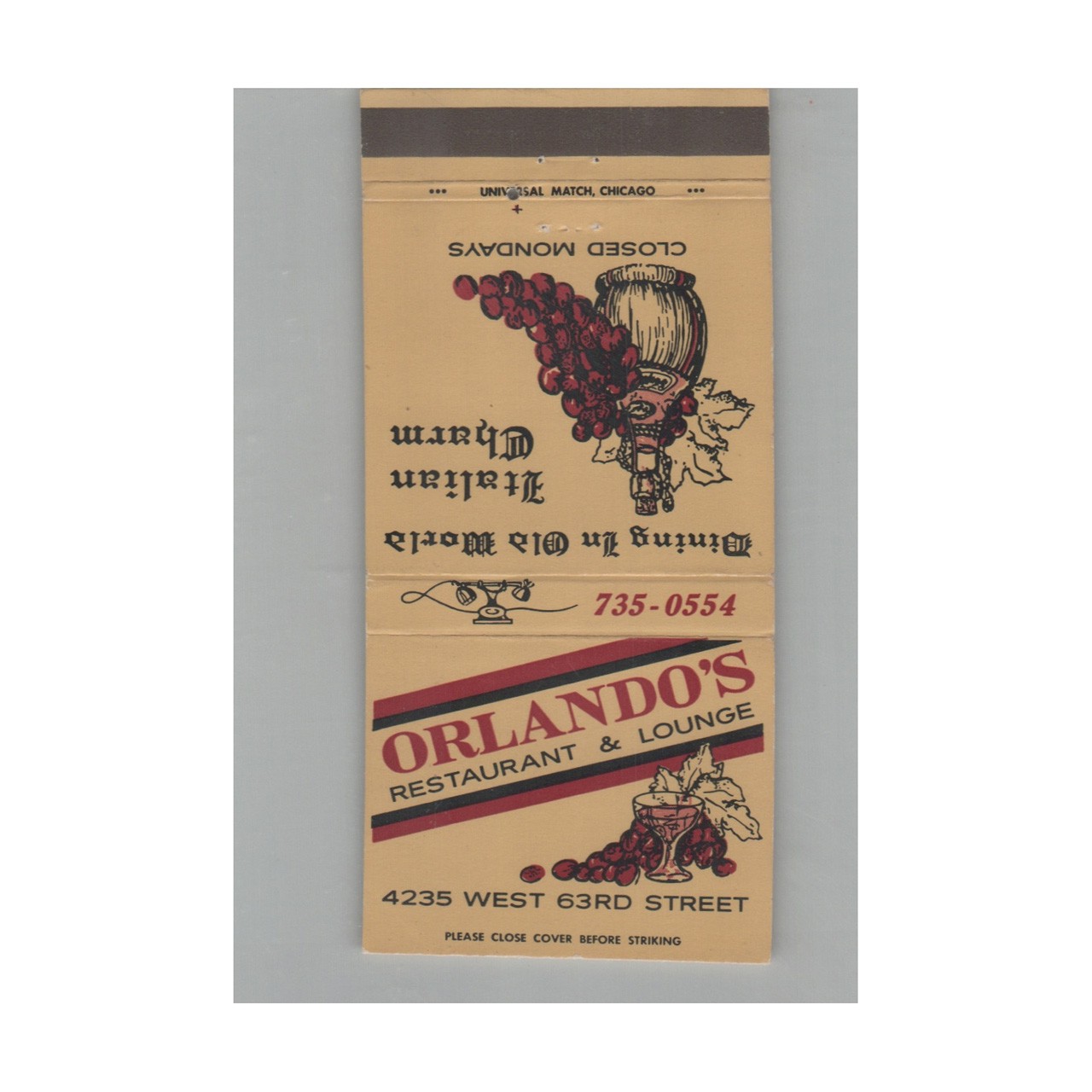 Matchbook Cover Orlando\'s Restaurant & Lounge Chicago IL
