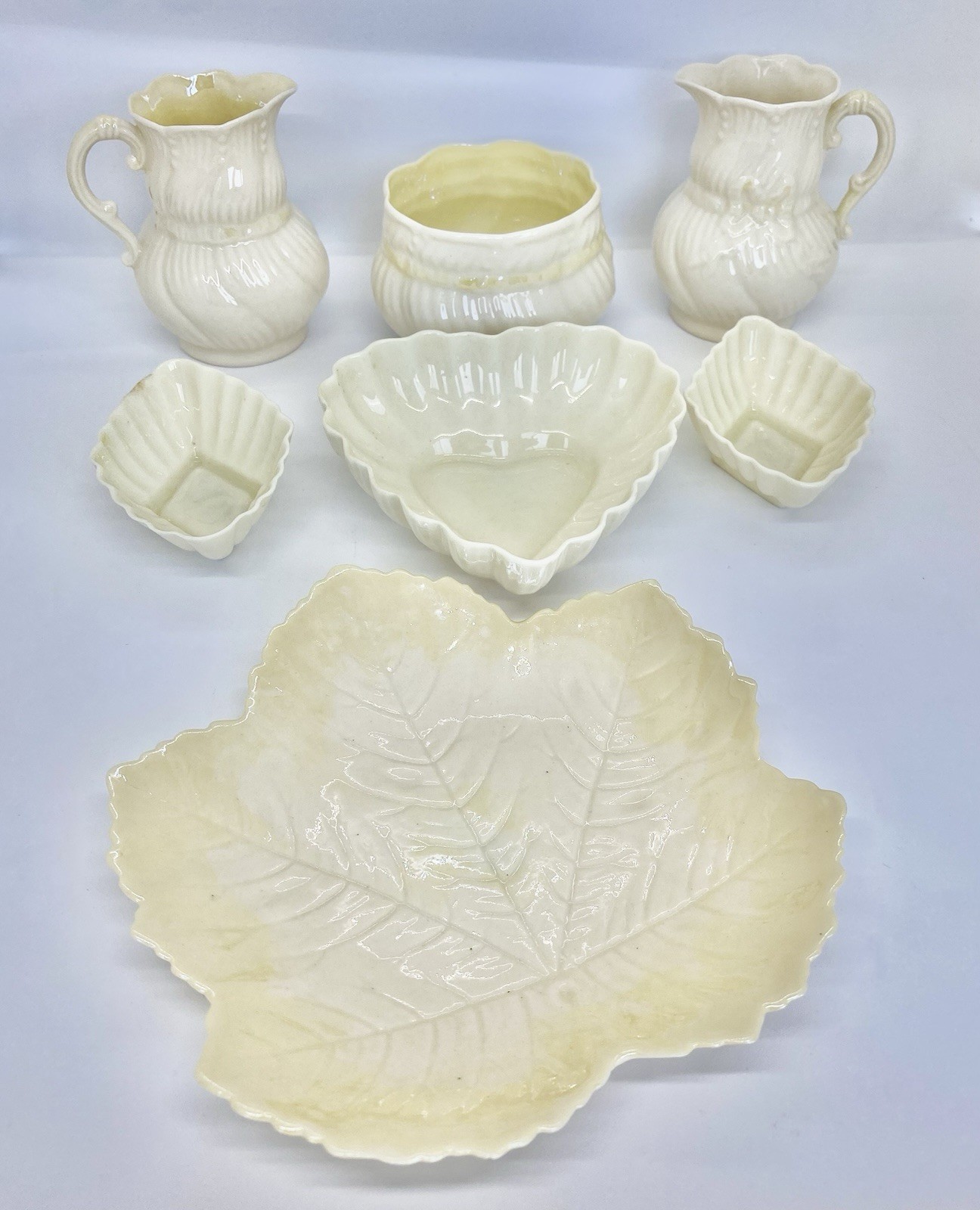 Lot of 7 Beleek Porcelain Ireland Leaf Plate Cream & Sug Trinkets 3rd & 4th Mark