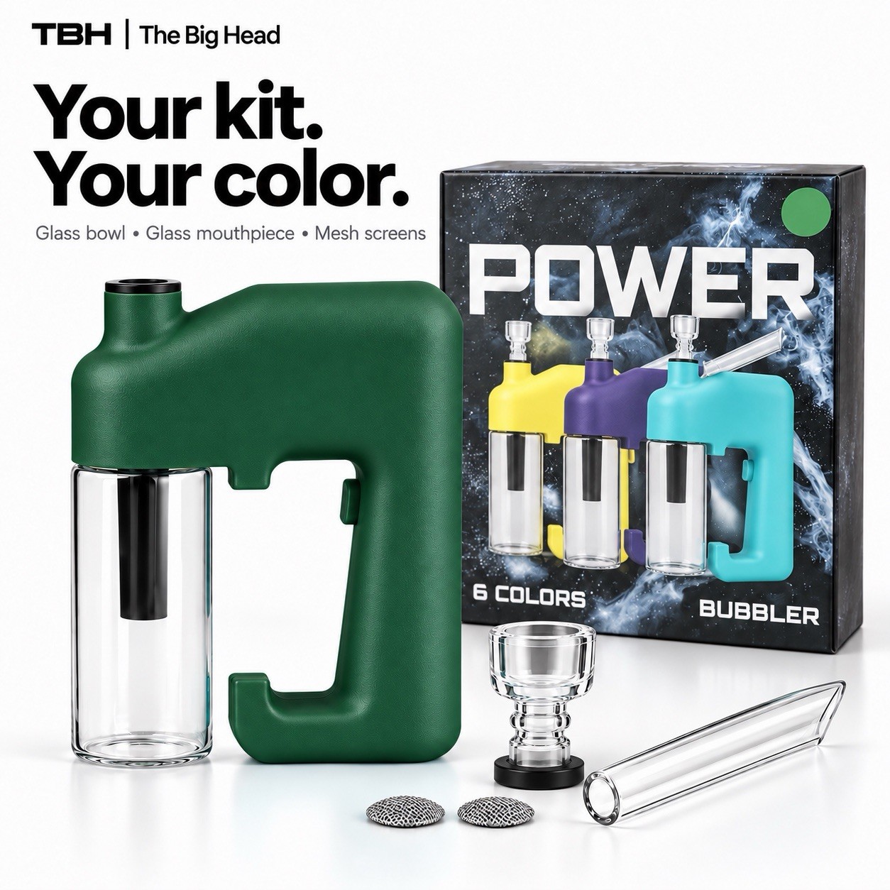 TBH Power Bubbler 2-in-1 Bong Glass Green Herb & Concentrate | 300-Day Warranty
