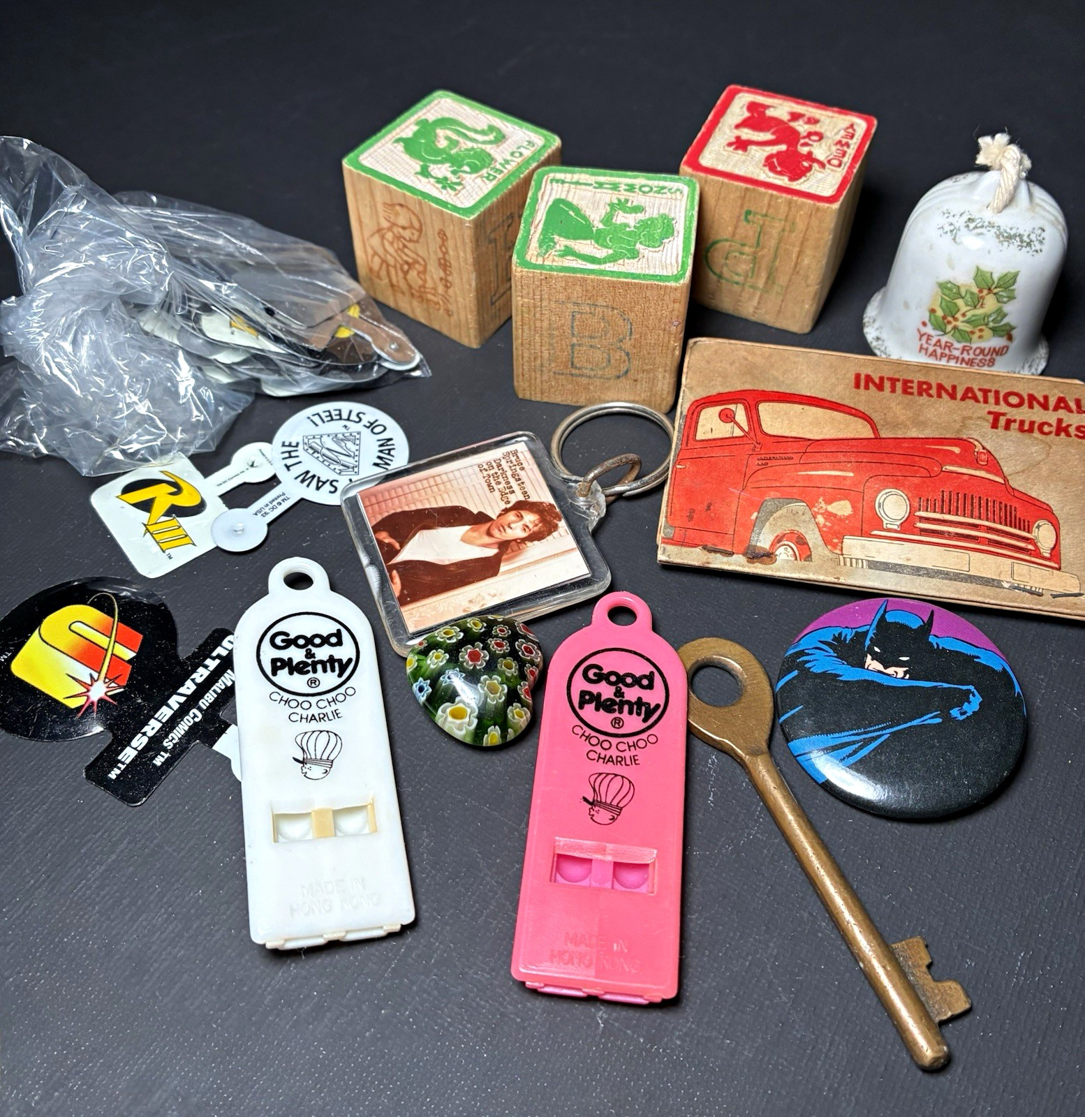 VTG  Junk Drawer Lot International Harvester 1982 Batman Pin DC Comics Whistles⁠