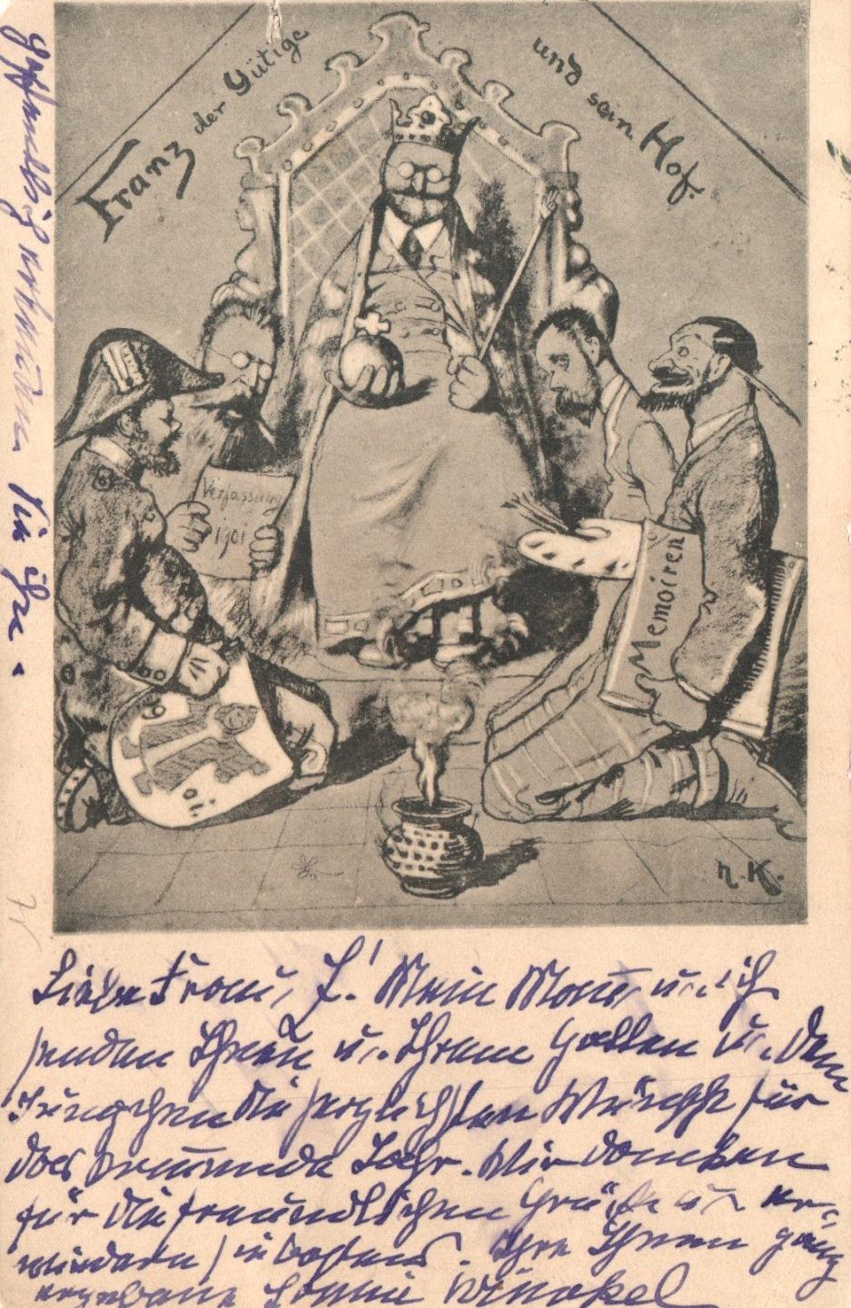 RARE 1903 VINTAGE Franz Joseph and His Court Caricature POSTCARD to Grossenhain