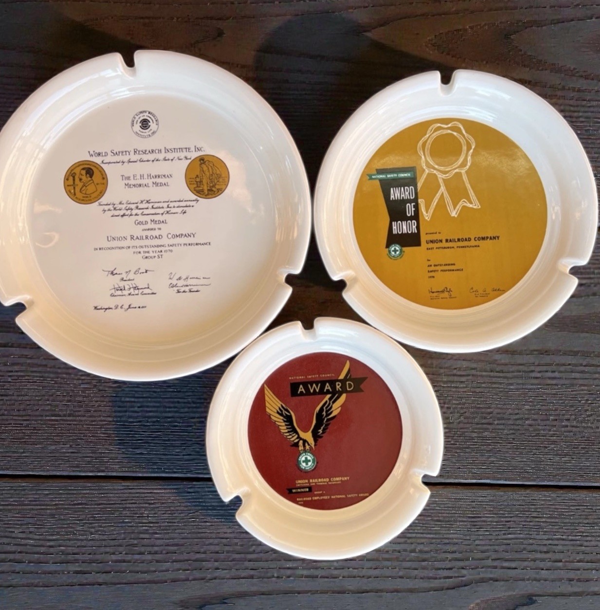 VTG Union Railroad Co National Safety Award 1970 Set 3 Hyalyn Porcelain Ashtrays