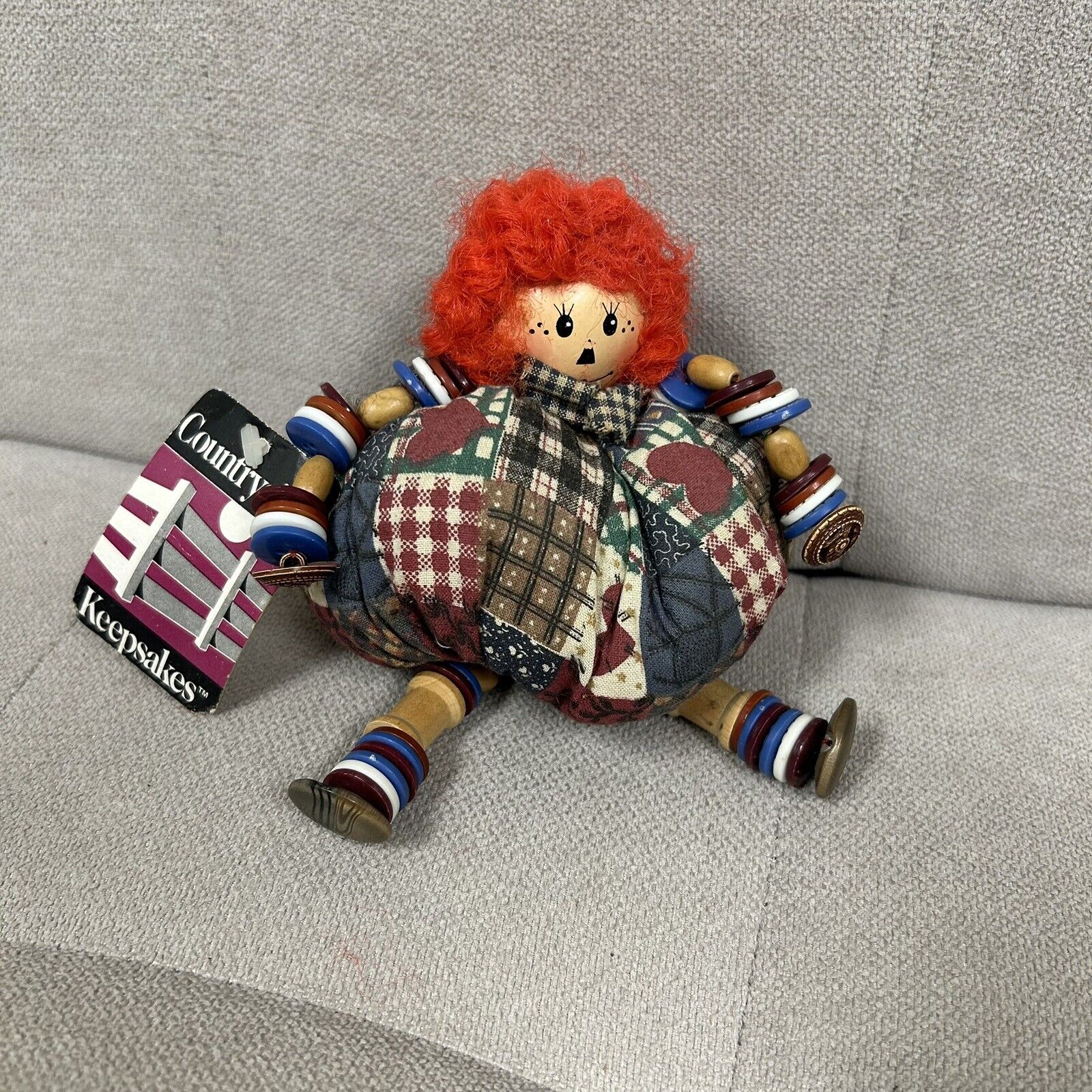 Vintage Raggedy Ann Shelf Sitter Made With Spools And Buttons  With Tag