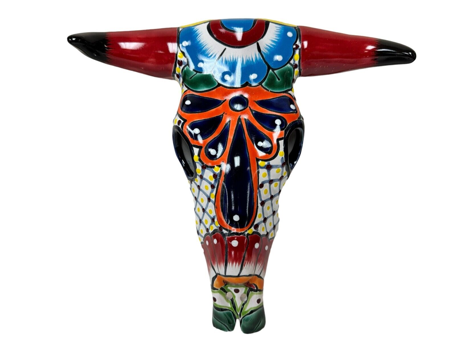 Talavera Cow Skull Mexican Pottery Wall Art Folk Art Home Decor Multicolor 12\