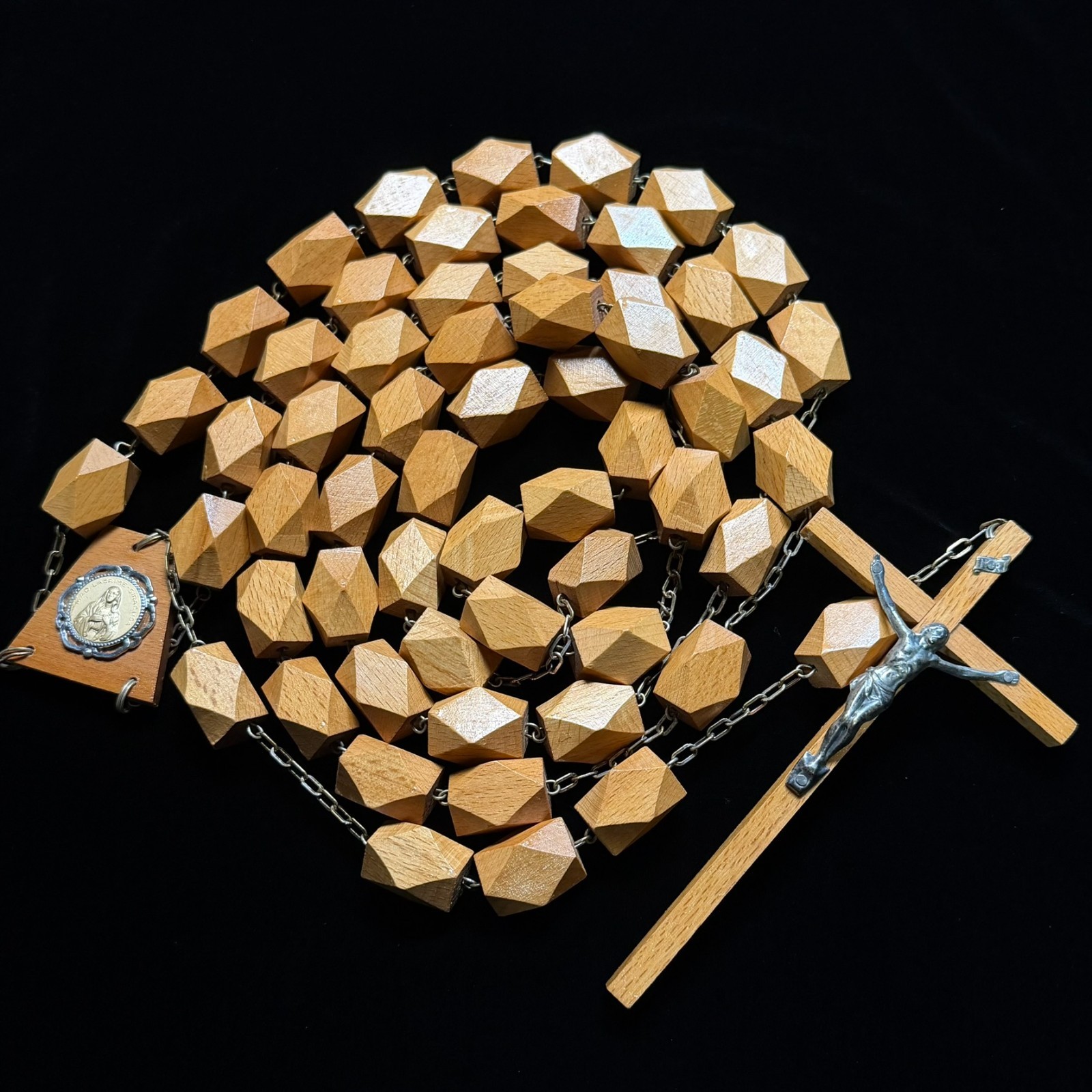 GIANT Mid-century 6 Foot Carved Beechwood Barrel Rosary Wall Decoration