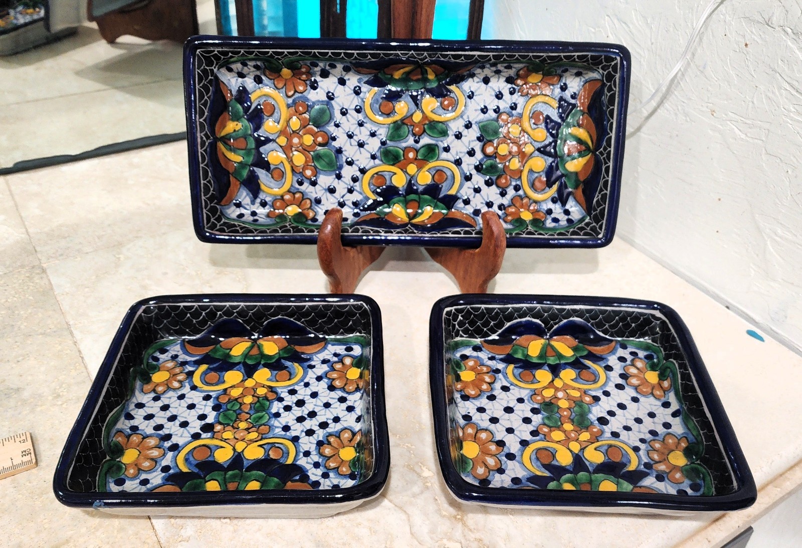 Vintage Mexican Talavera Pottery 3 Pc Wall Plaque Tray Set Dark Navy Blue Floral