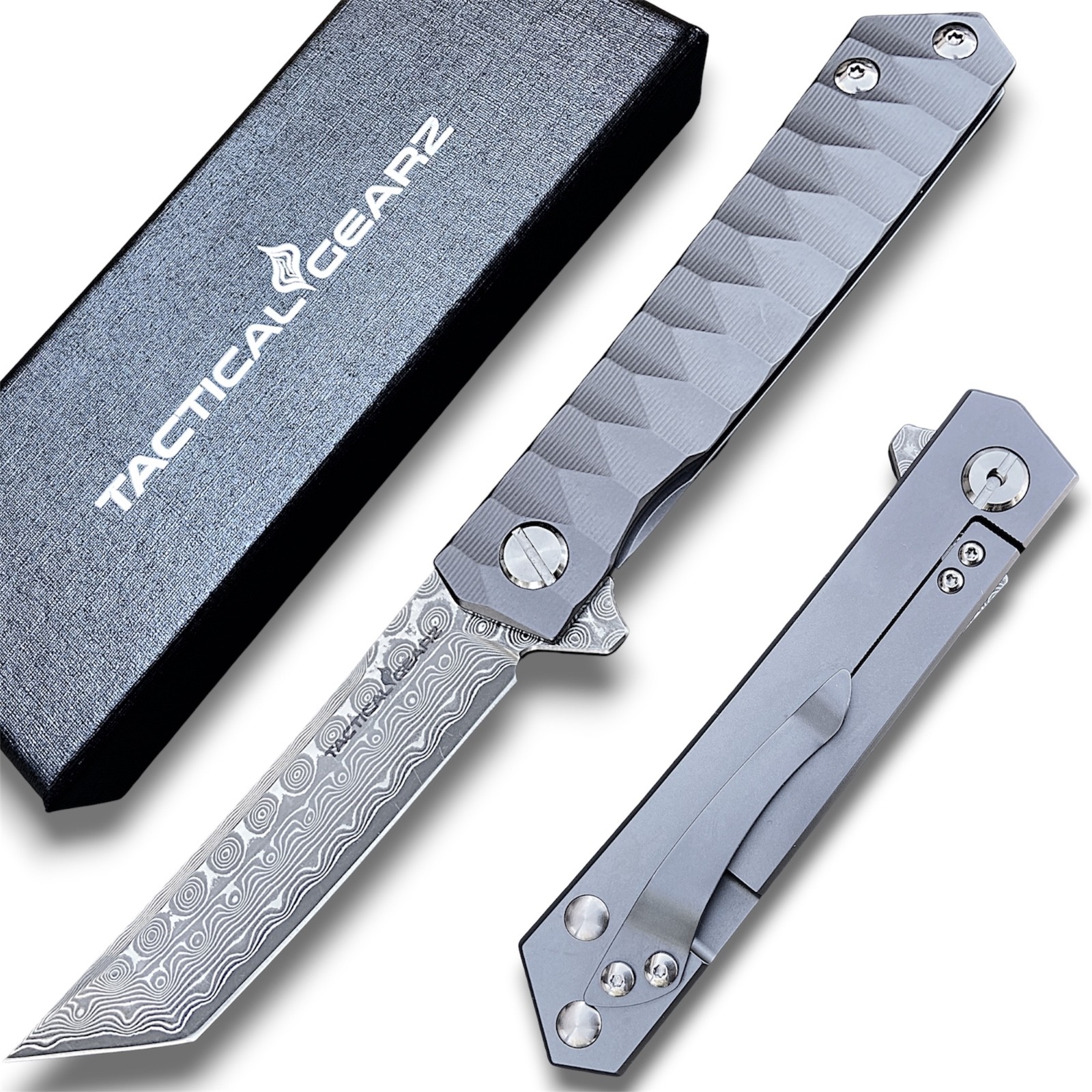 Solid Tc4 Titanium EDC Folding Knife Damascus Steel Blade Ball Bearing Pivot
