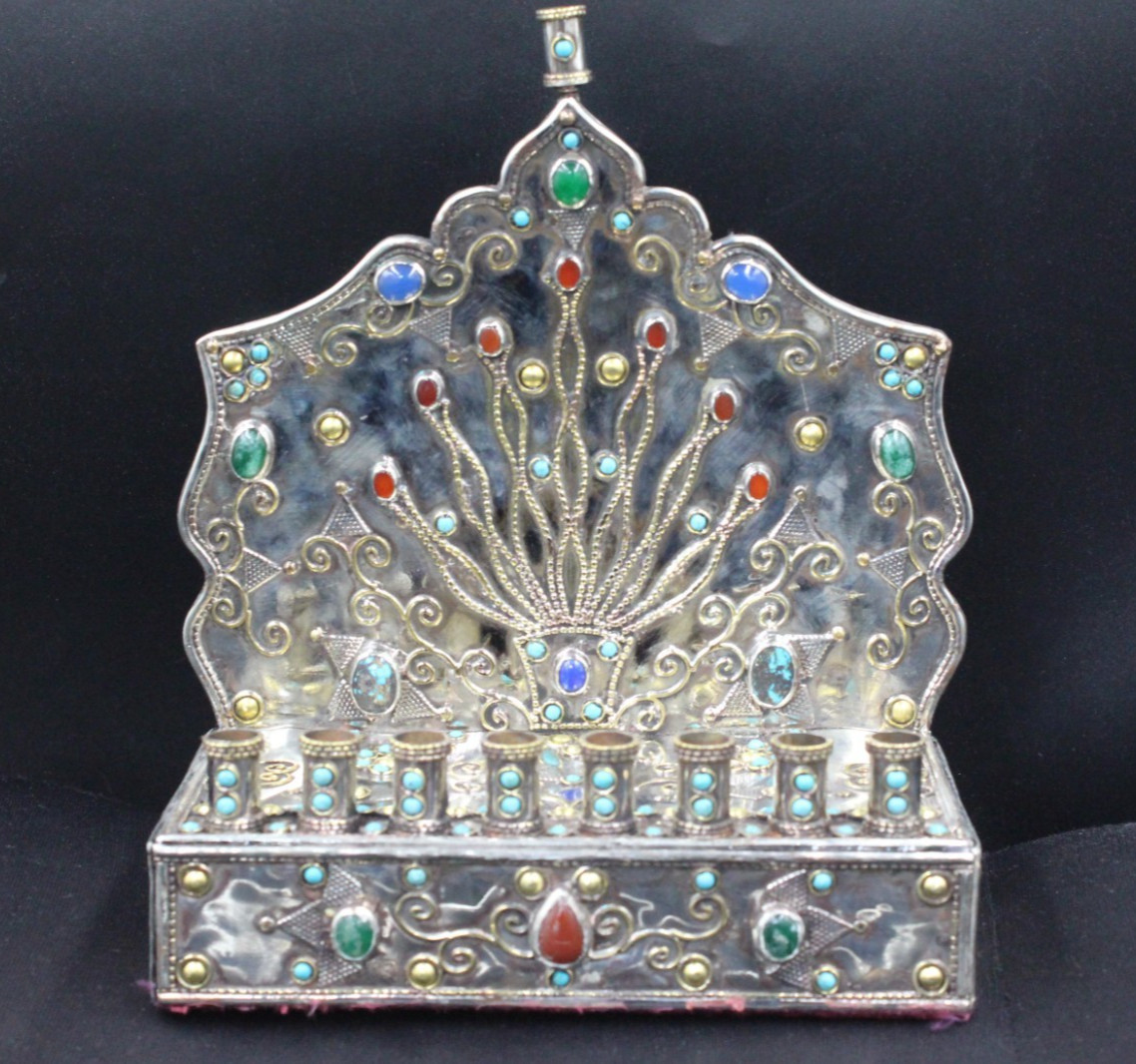 Turkmen Alpaka Judaica Hanukkah Menorah, Candle Holder, Gemstones Menorah #H03 Turkmen Alpaka Judaica Hanukkah Menorah, Candle Holder, Gemstones Menorah #H03