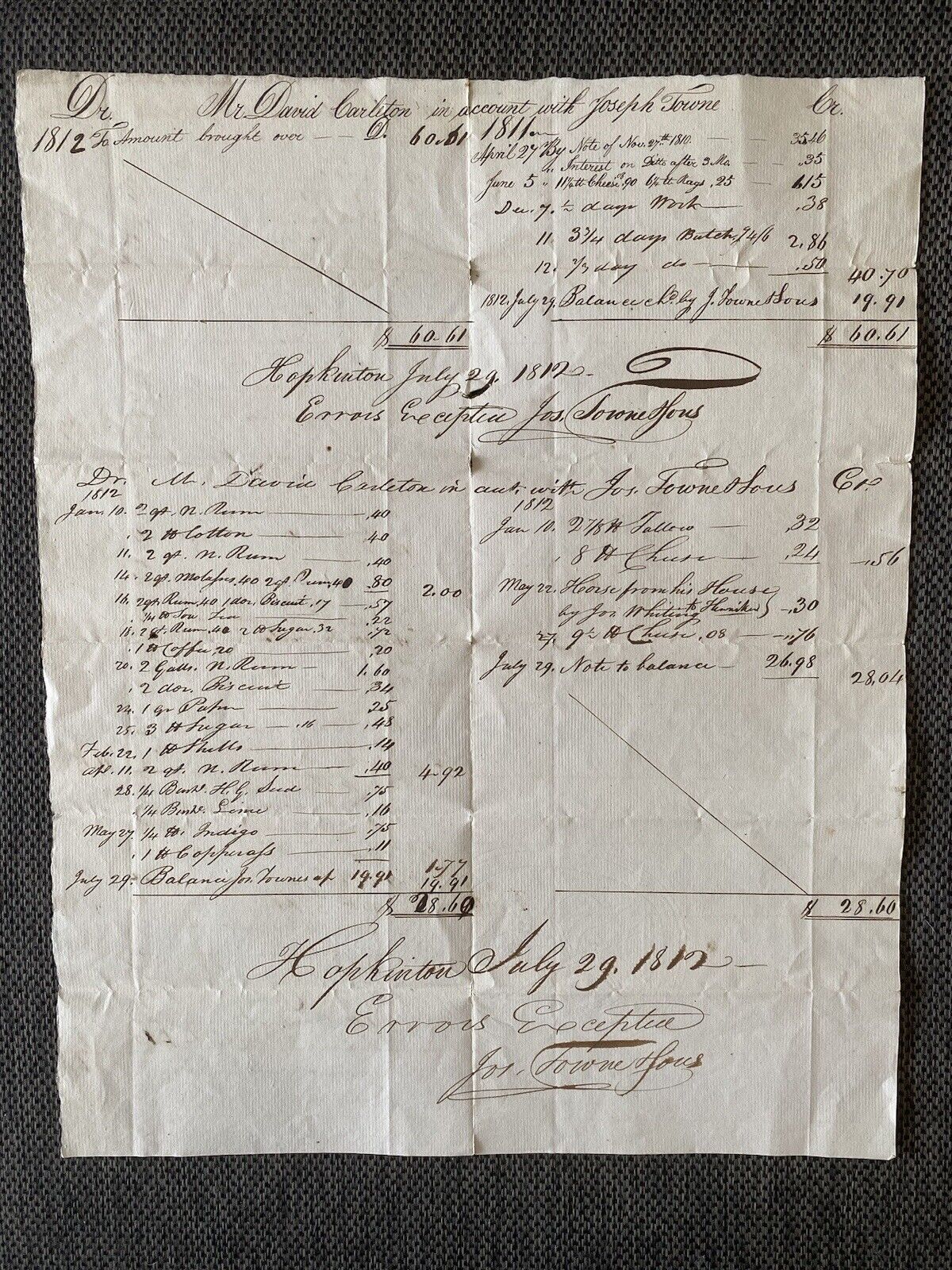 BIG Antique 1812 American Document Hopkinton, Massachusetts MA Signed Carleton