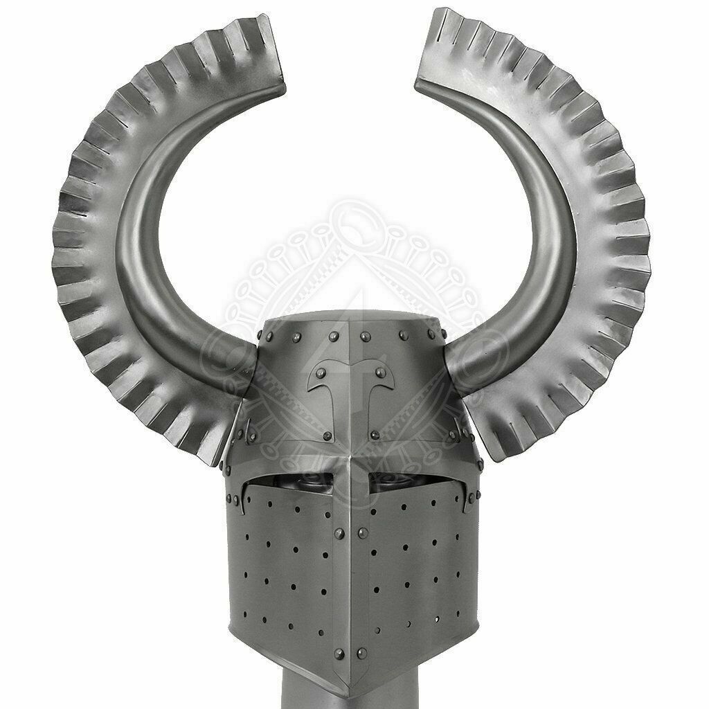 16 Gauge Steel Medieval Knight Great Helmet with Teutonic Crest Wing Helmet Gift