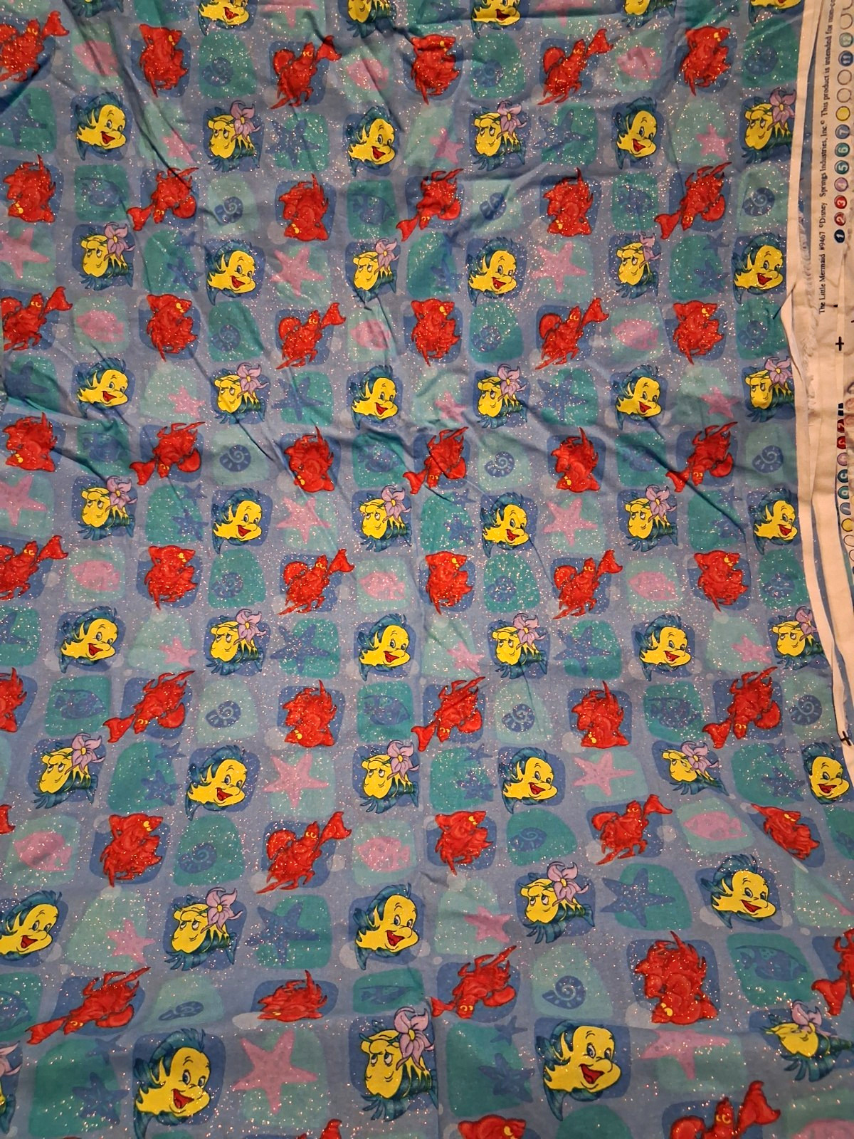 Vintage 1990s Disney The Little Mermaid Fabric Sebastian Flounder By the Yard 